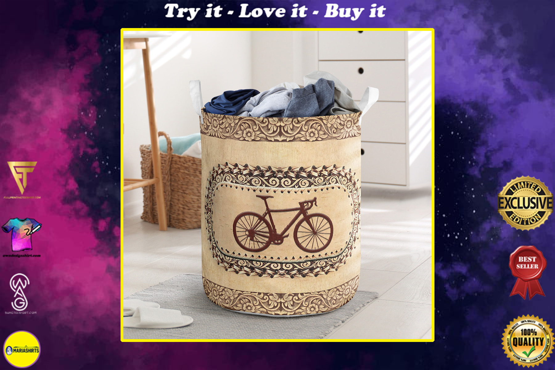 wood bicycle all over printed laundry basket