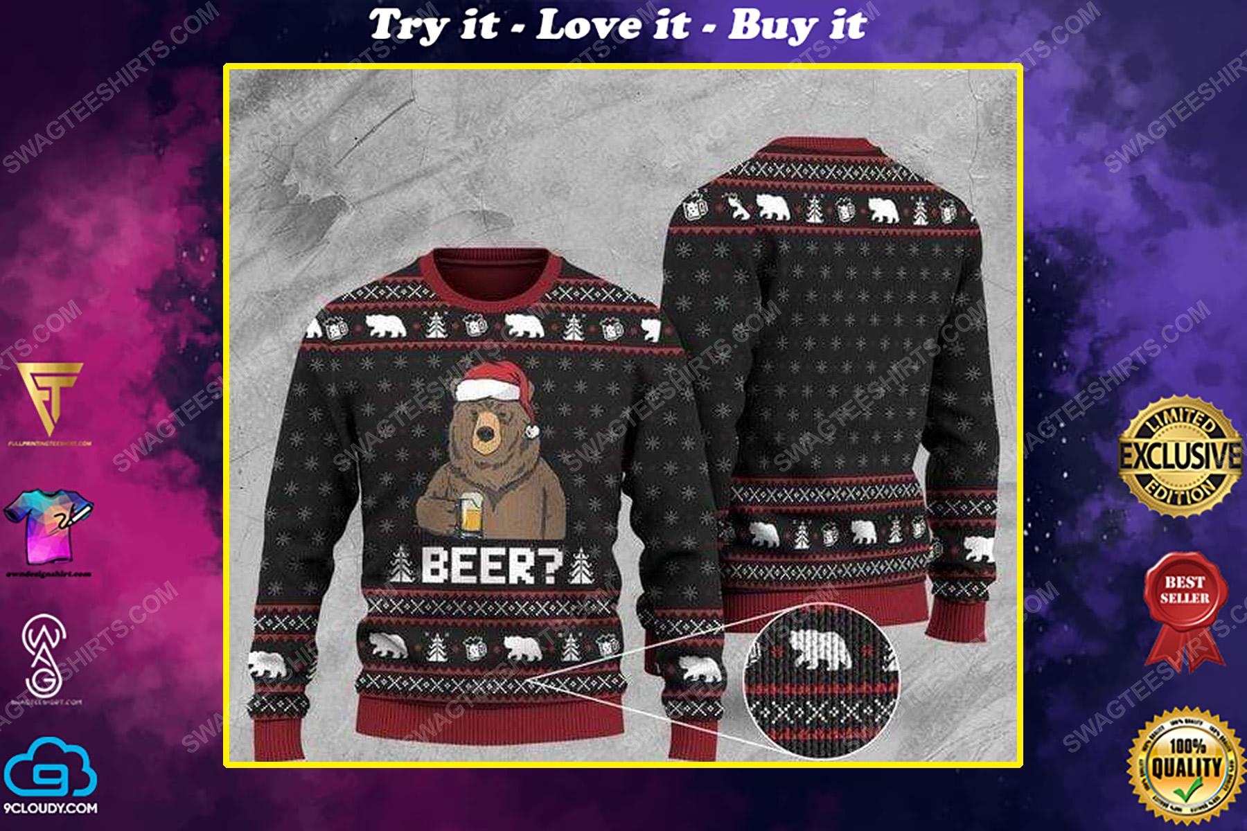Bear with beer all over print ugly christmas sweater