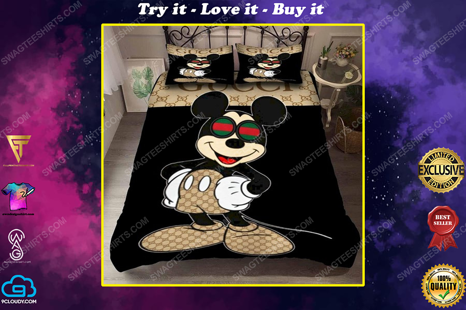 Gucci and mickey mouse full print duvet cover bedding set
