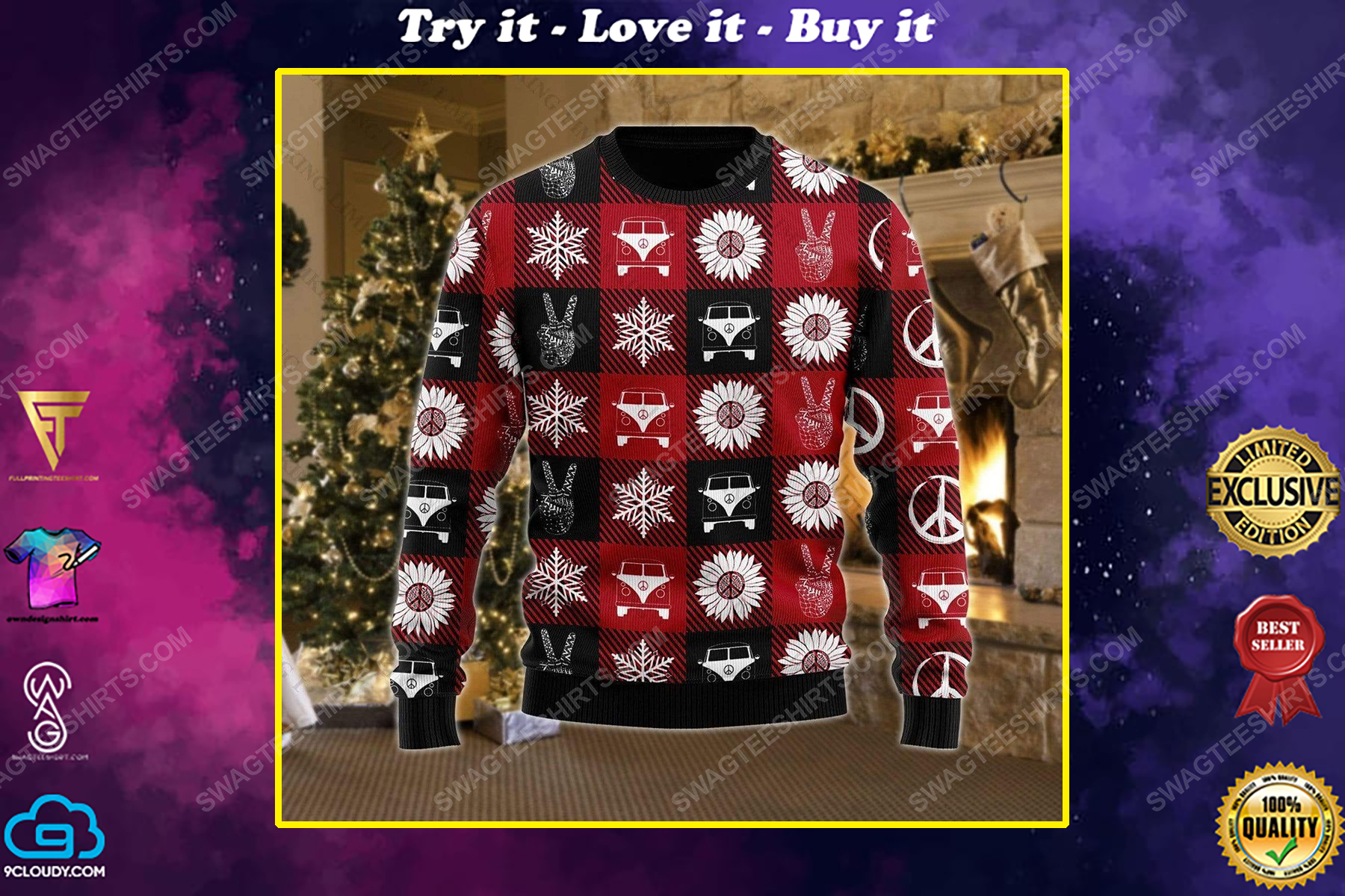 Hippie peace love ugly christmas sweater