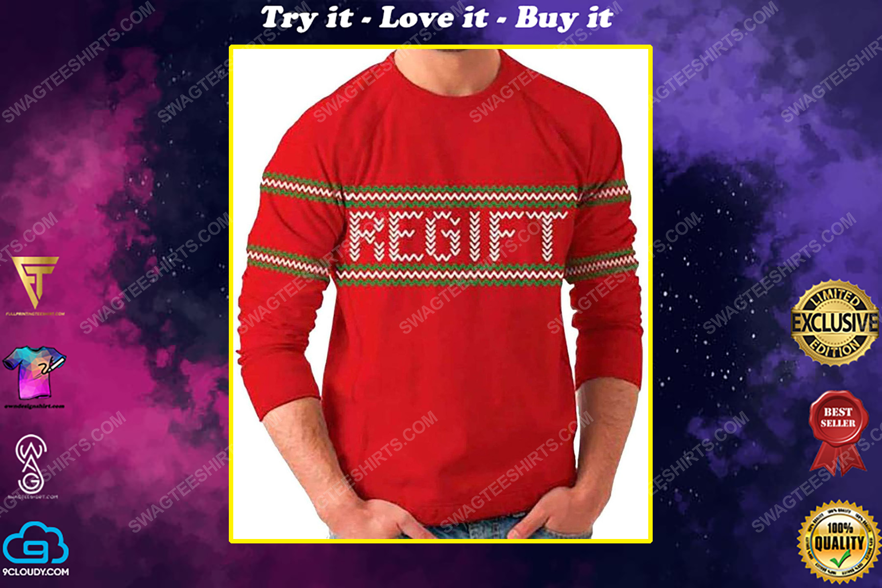 Holiday present regift full print ugly christmas sweater