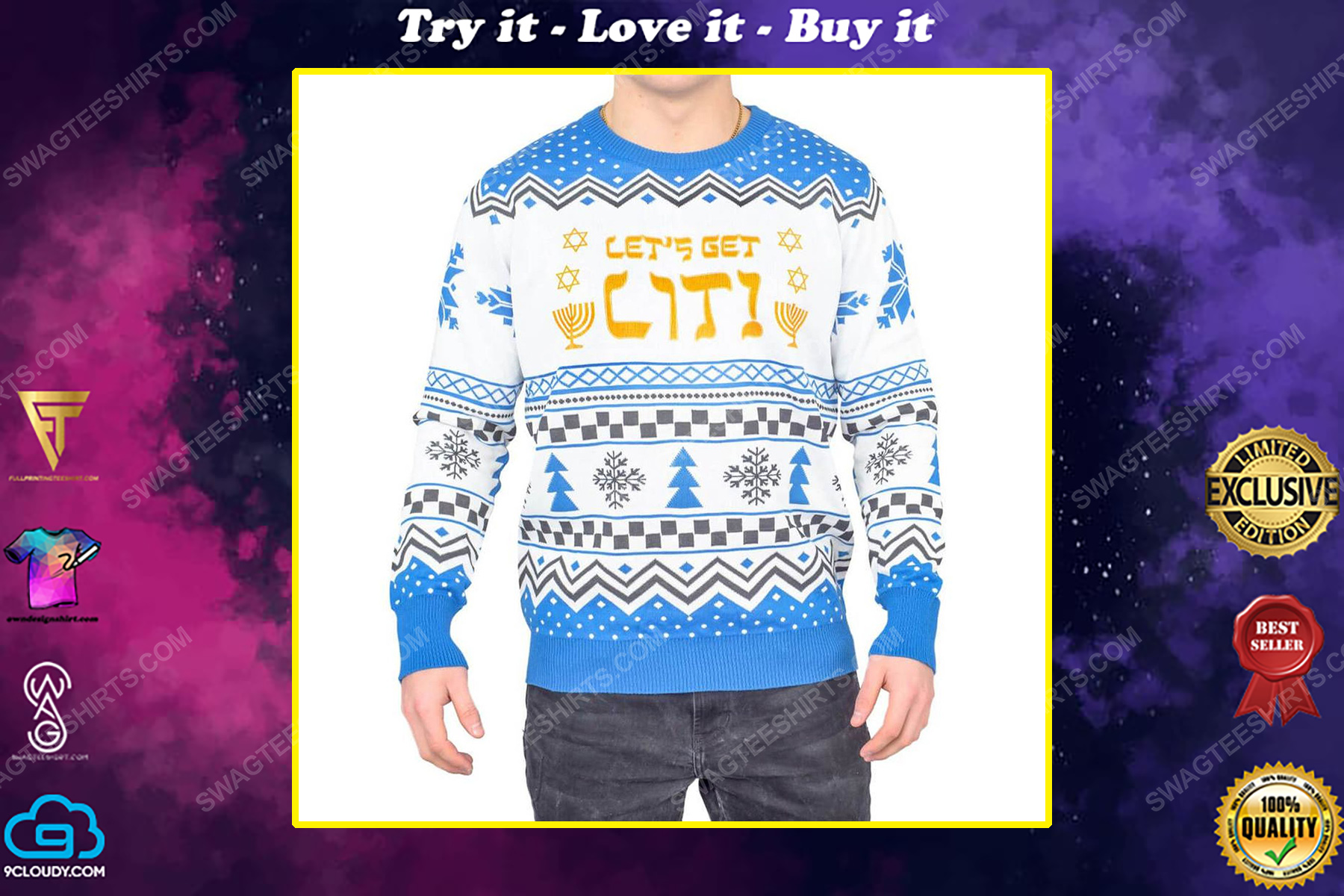 Lets get lit hanukkah full print ugly christmas sweater