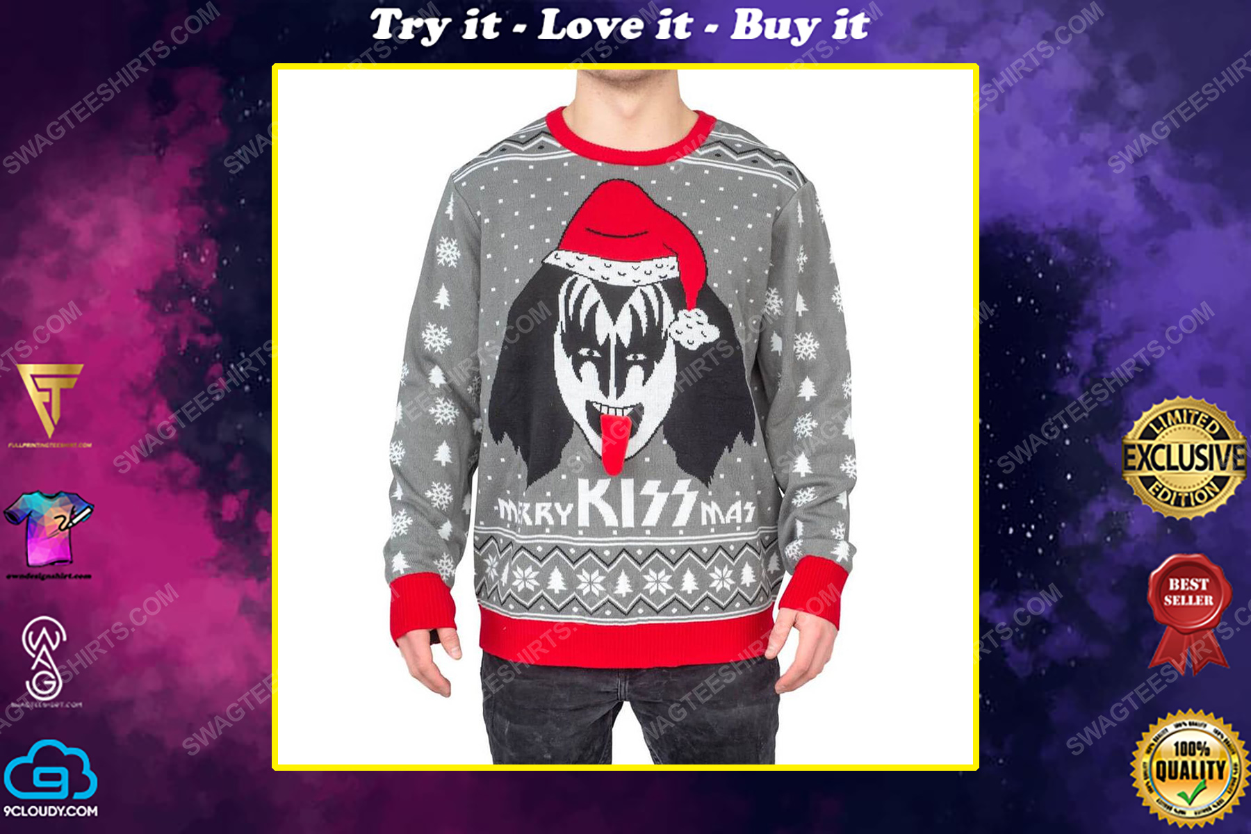 Merry kiss mas flappy kiss rock band full print ugly christmas sweater