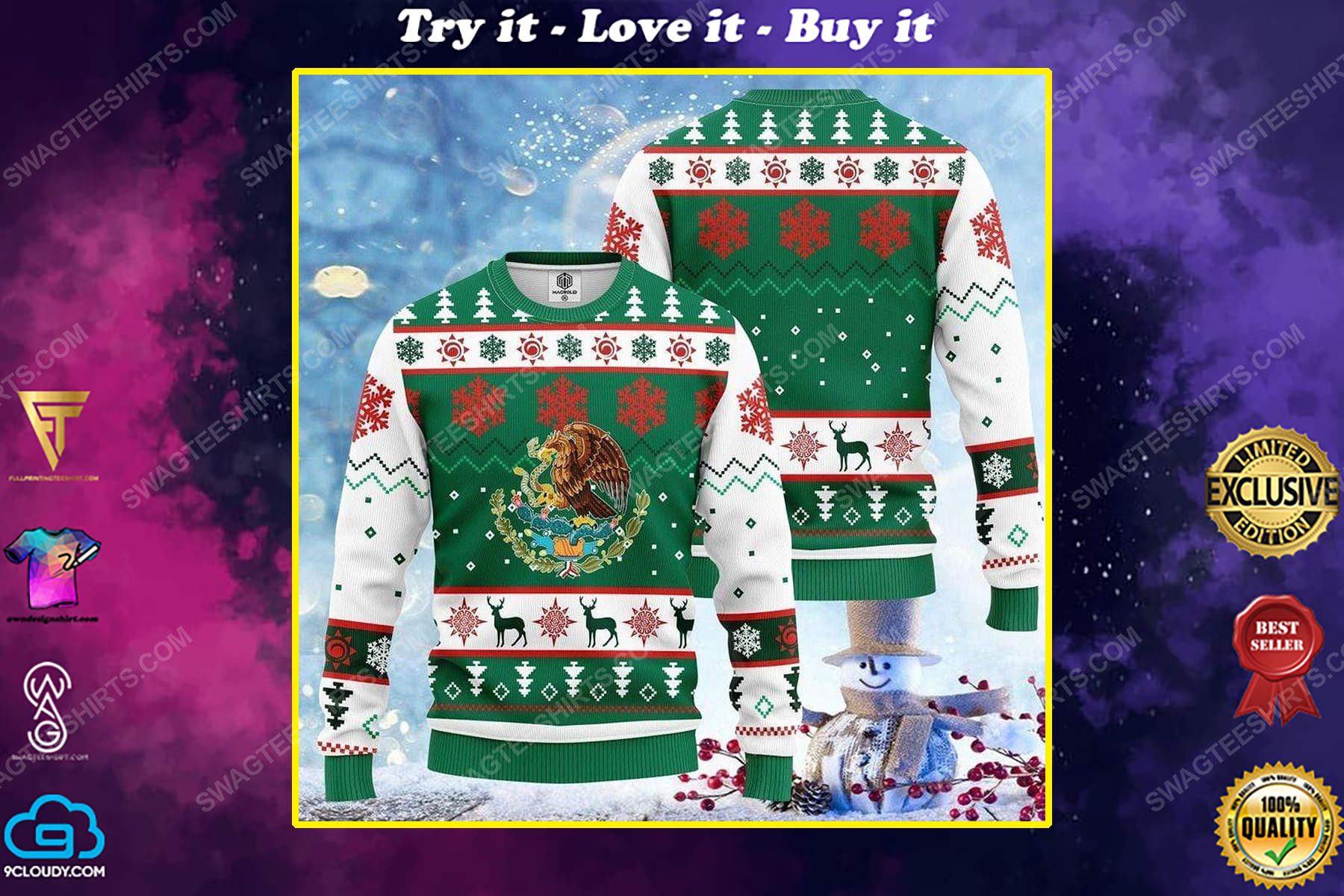 Mexico flag and snowflakes all over print ugly christmas sweater