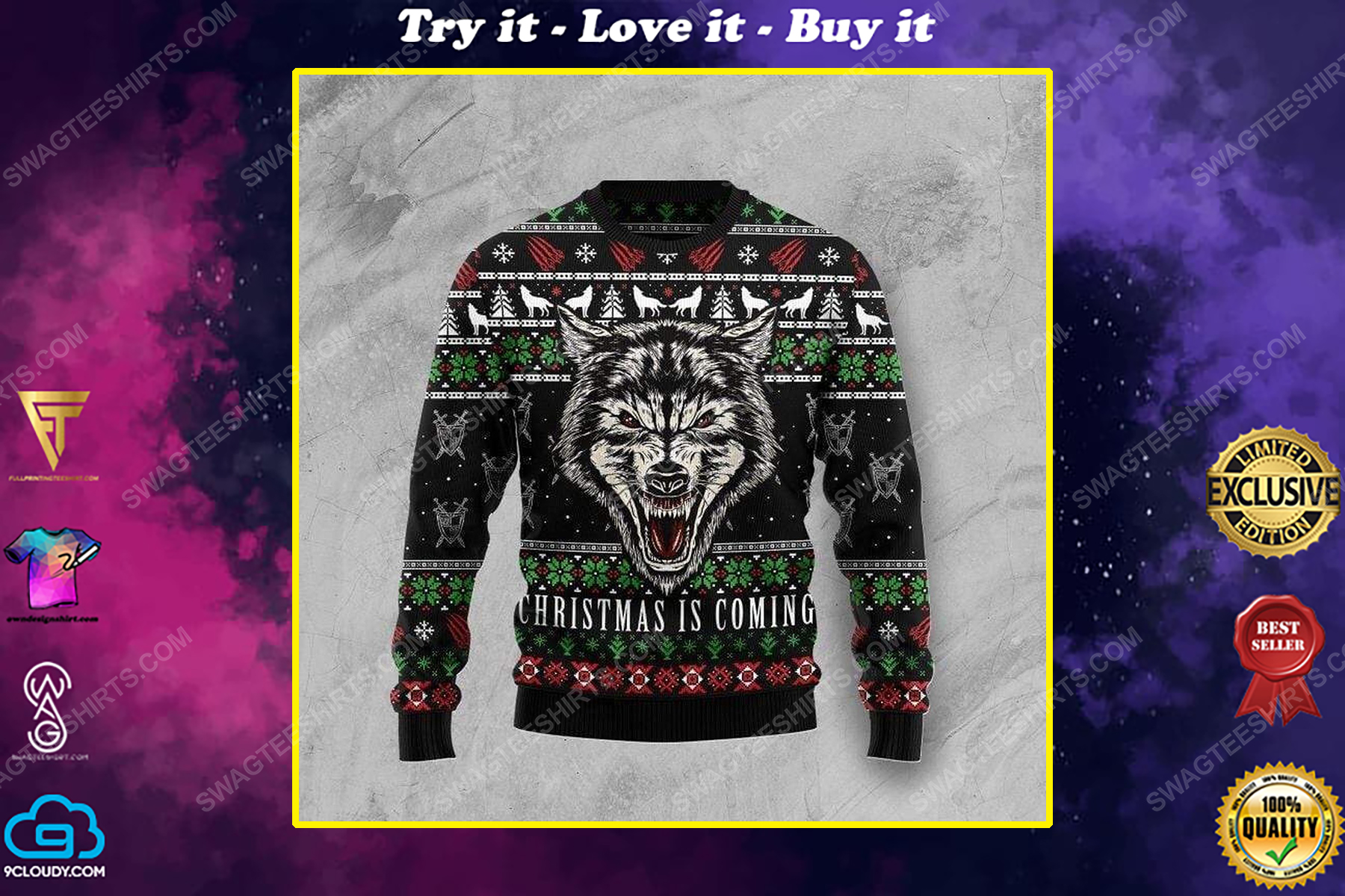 Wolf christmas is coming all over print ugly christmas sweater