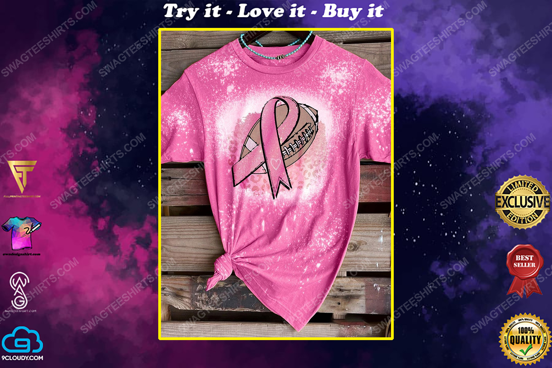 Breast cancer awareness football and ribbons ​​bleached shirt