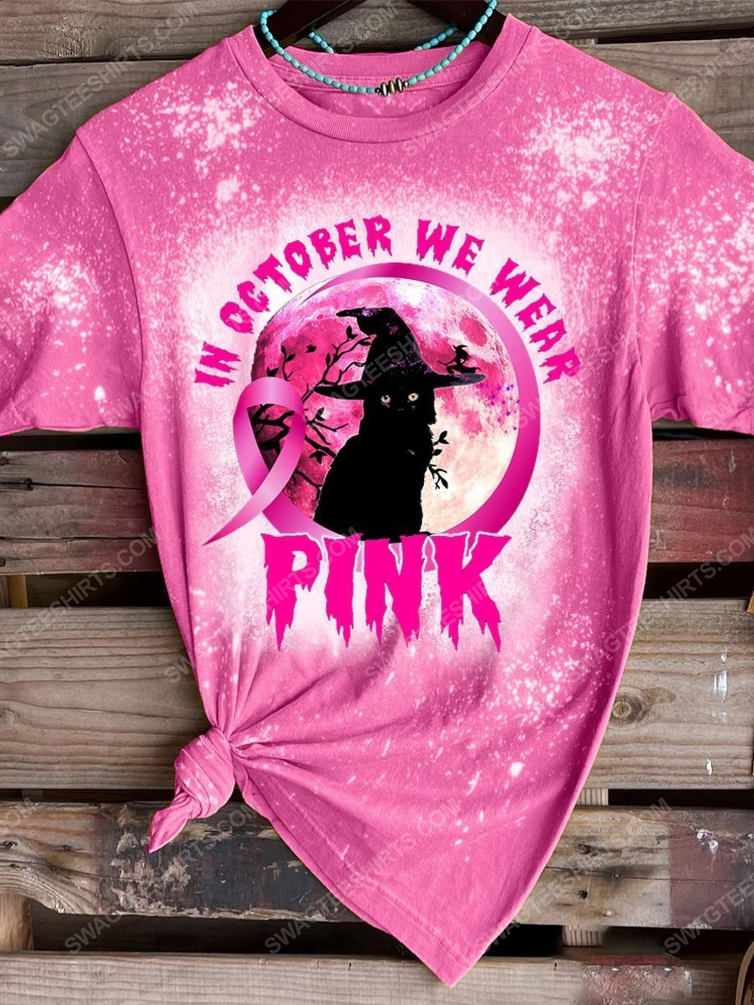 Breast cancer awareness in october we wear pink black cat witch bleached shirt 1 - Copy (2)