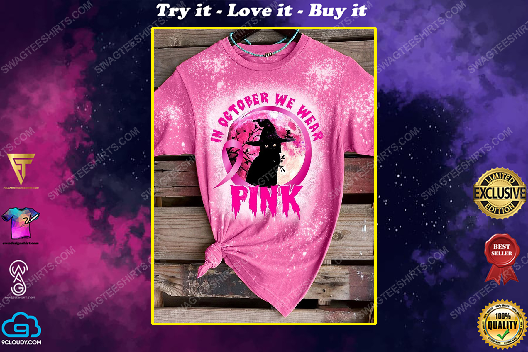 Breast cancer awareness in october we wear pink black cat witch bleached shirt