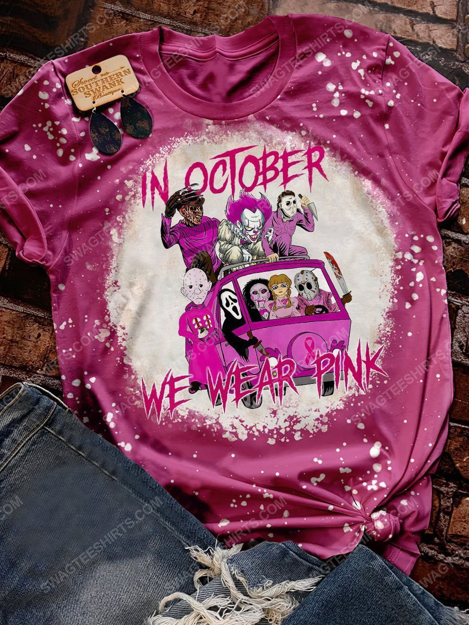 Breast cancer awareness in october we wear pink horror characters bleached shirt 1 - Copy (2)
