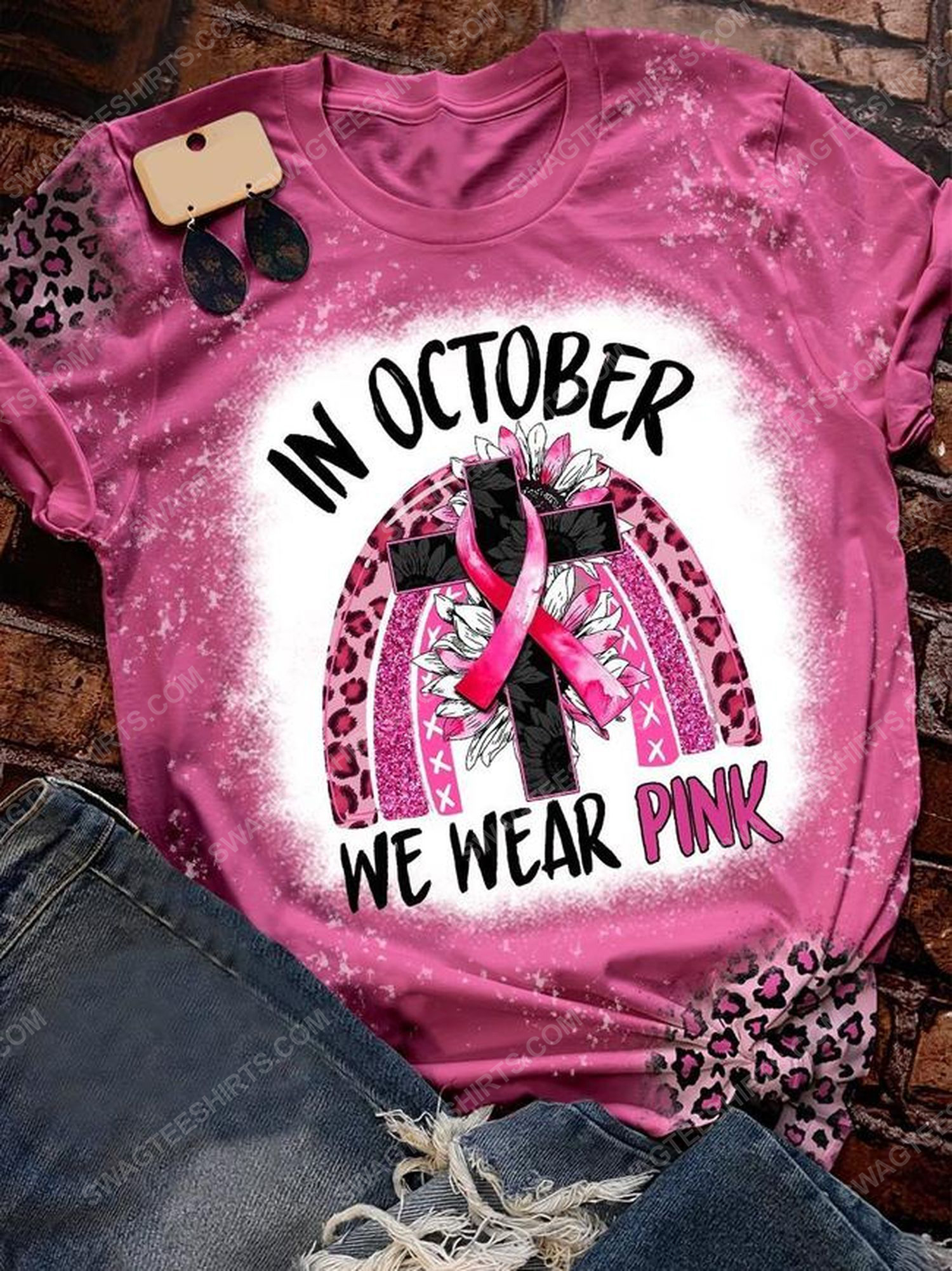 Breast cancer awareness in october we wear pink leopard shirt 1