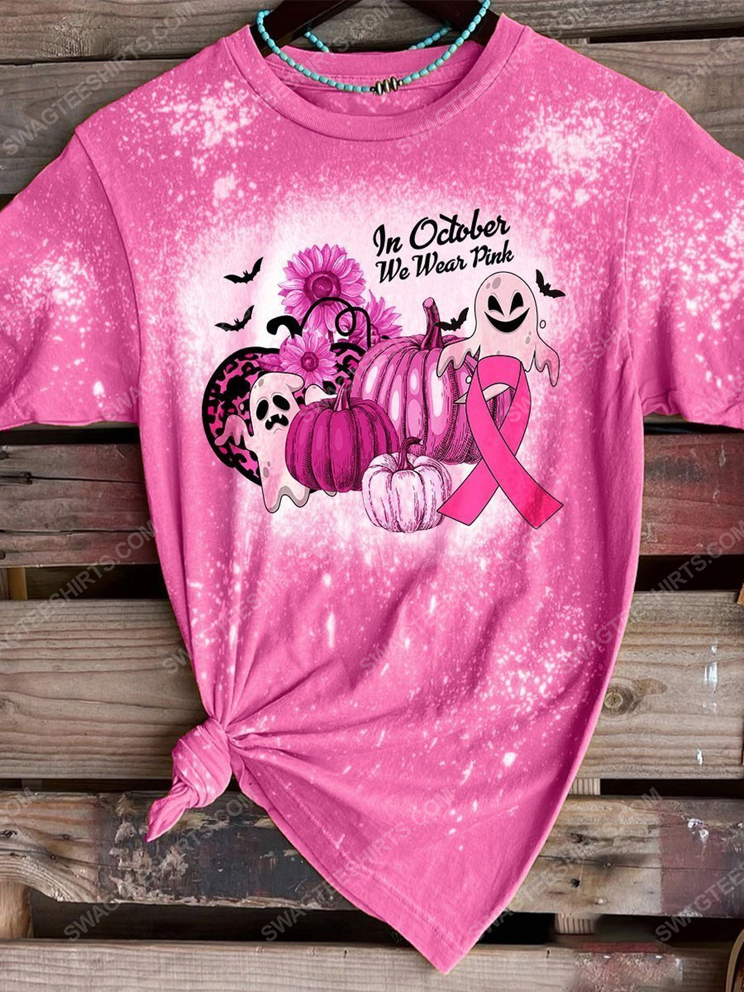 Breast cancer awareness in october we wear pink pumpkin and bat ​bleached shirt 1