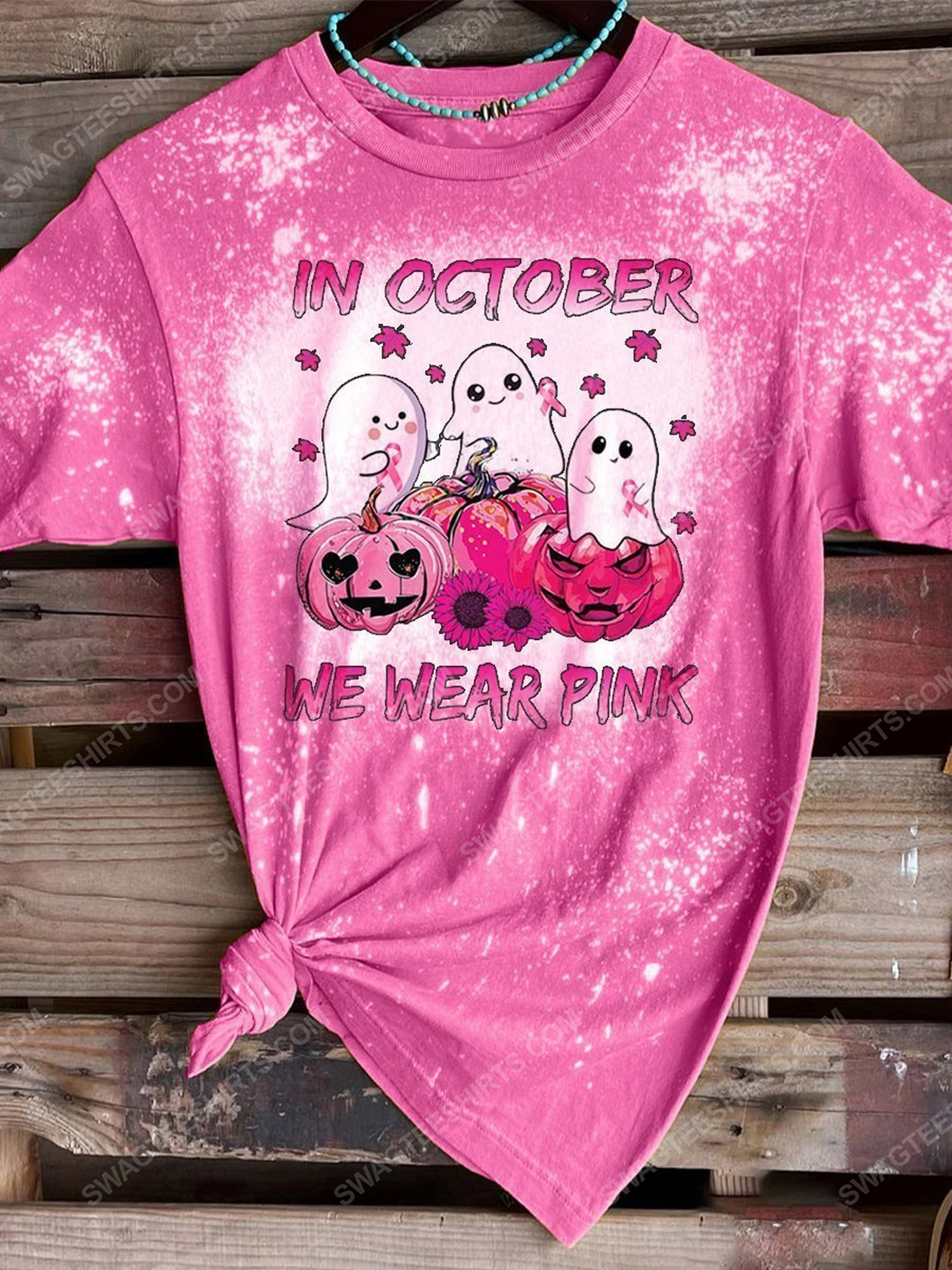 Breast cancer awareness in october we wear pink pumpkin and ghost halloween bleached shirt