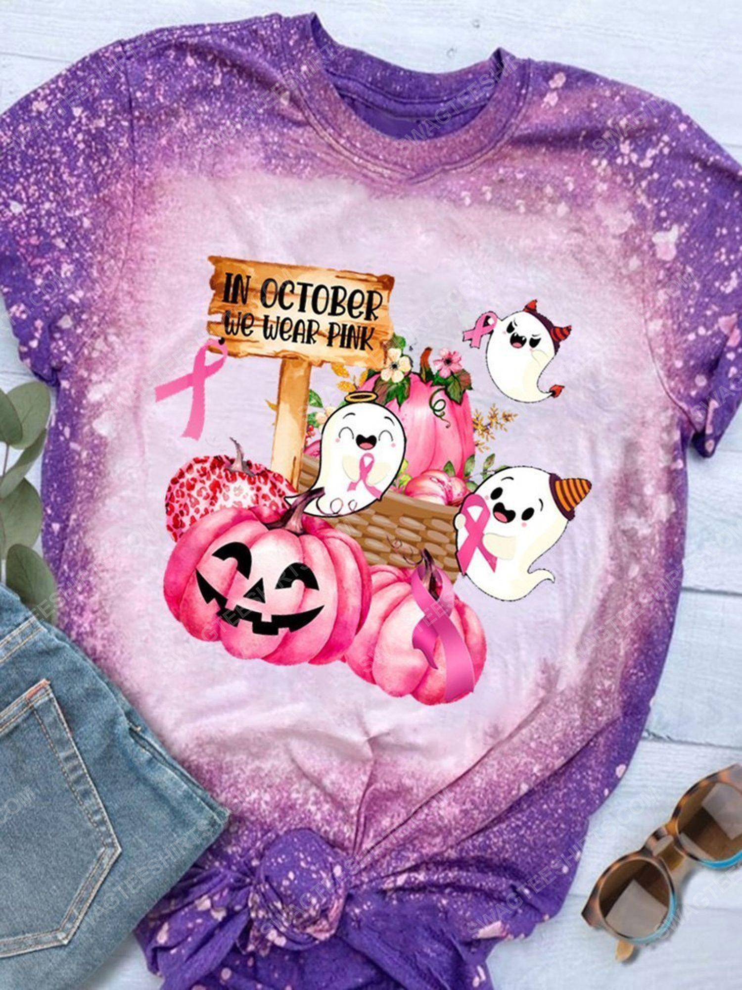 Breast cancer awareness in october we wear pink pumpkin ghost and ribbons ​bleached shirt