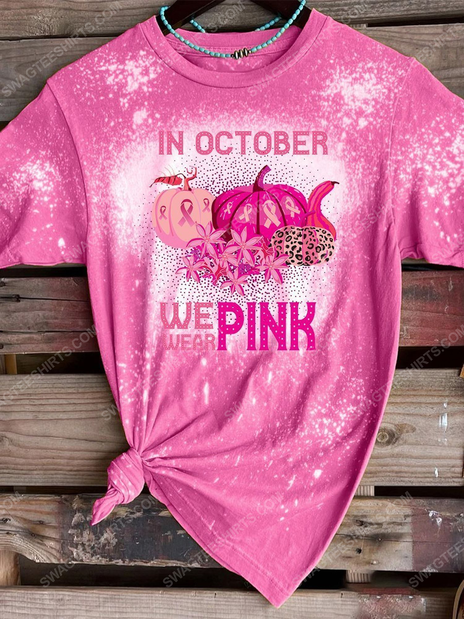Breast cancer awareness in october we wear pink pumpkin halloween bleached shirt
