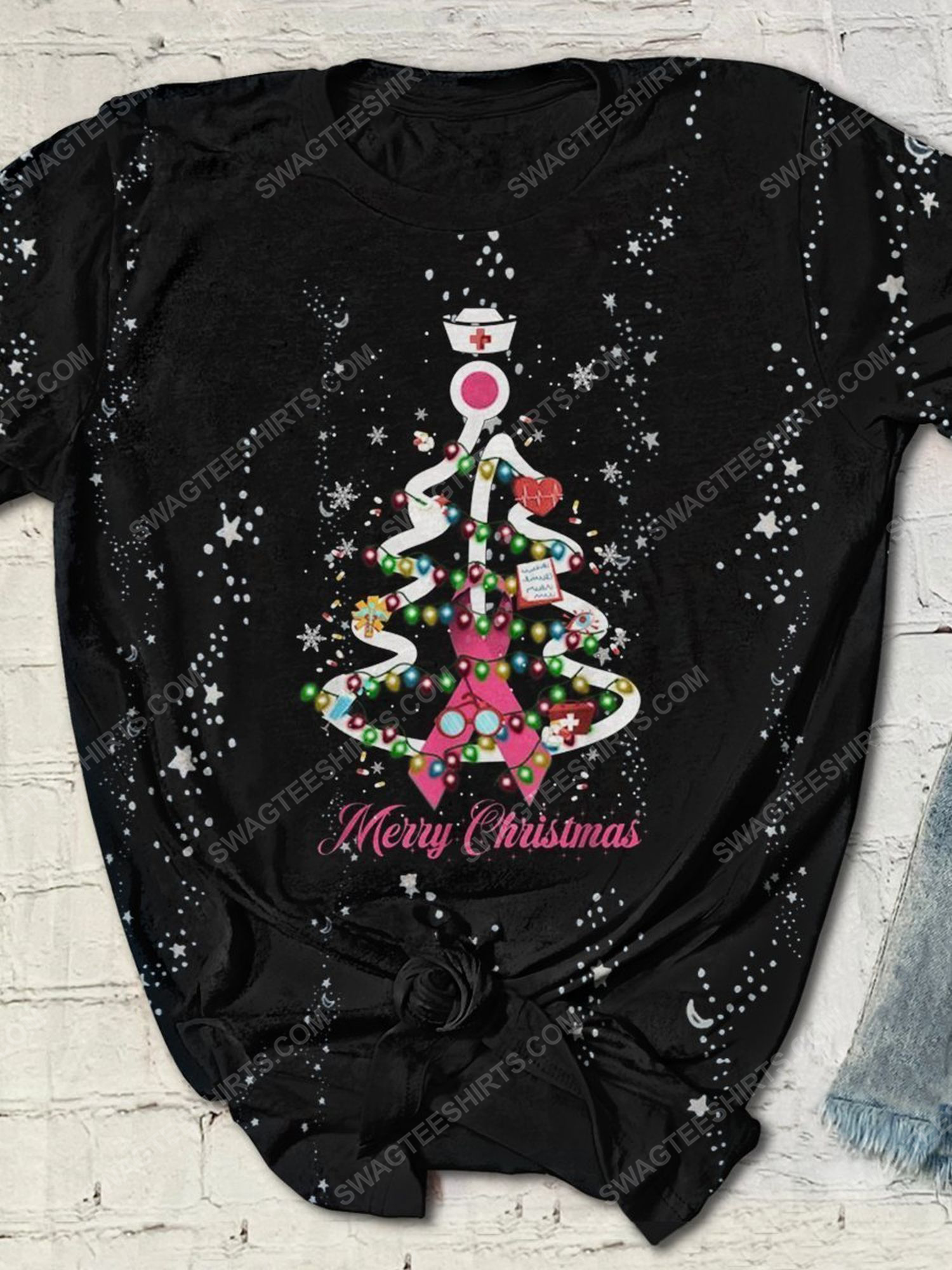 Breast cancer awareness merry christmas tree full print shirt 1