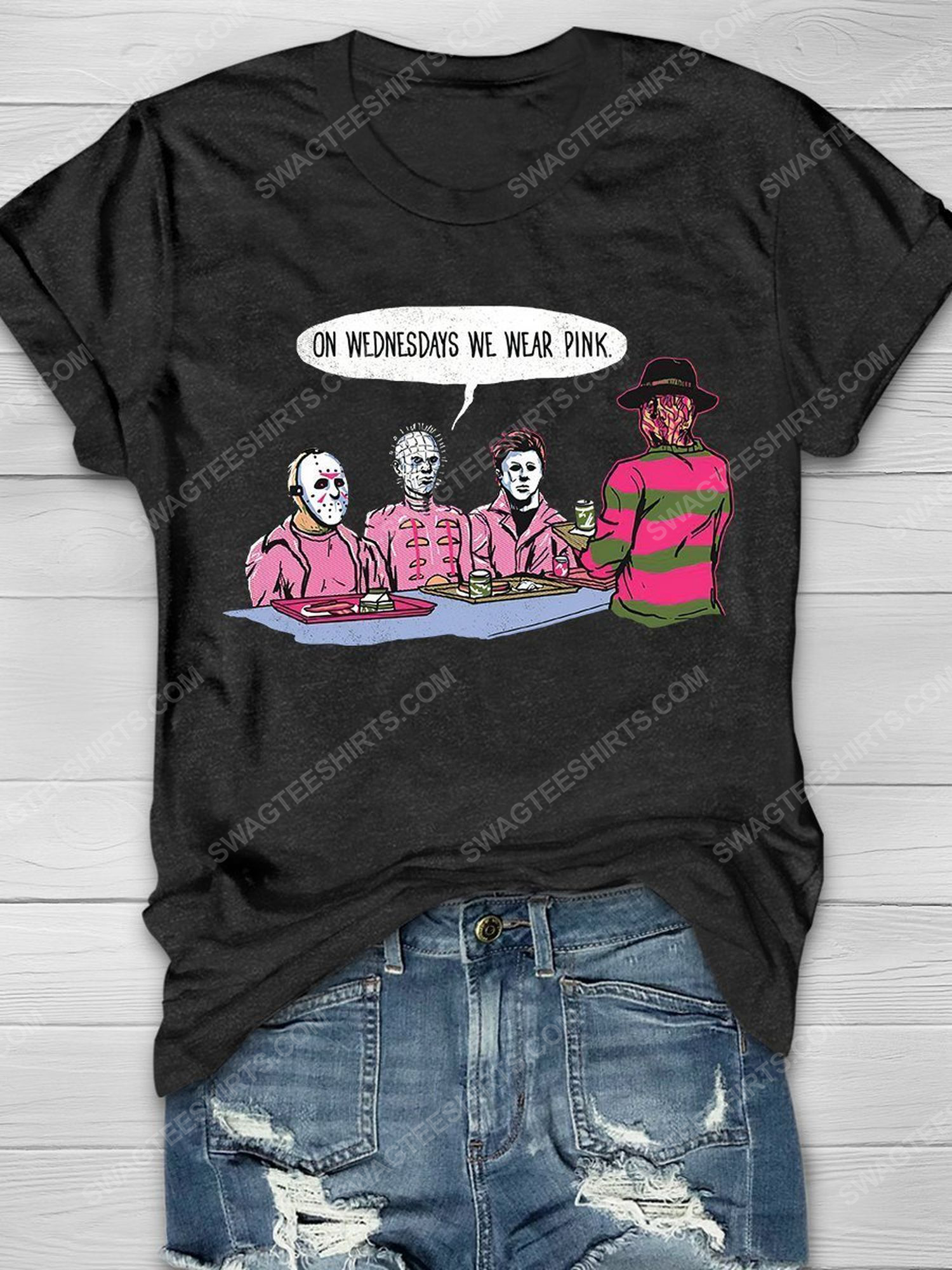Breast cancer awareness on wednesdays we wear pink horror characters shirt