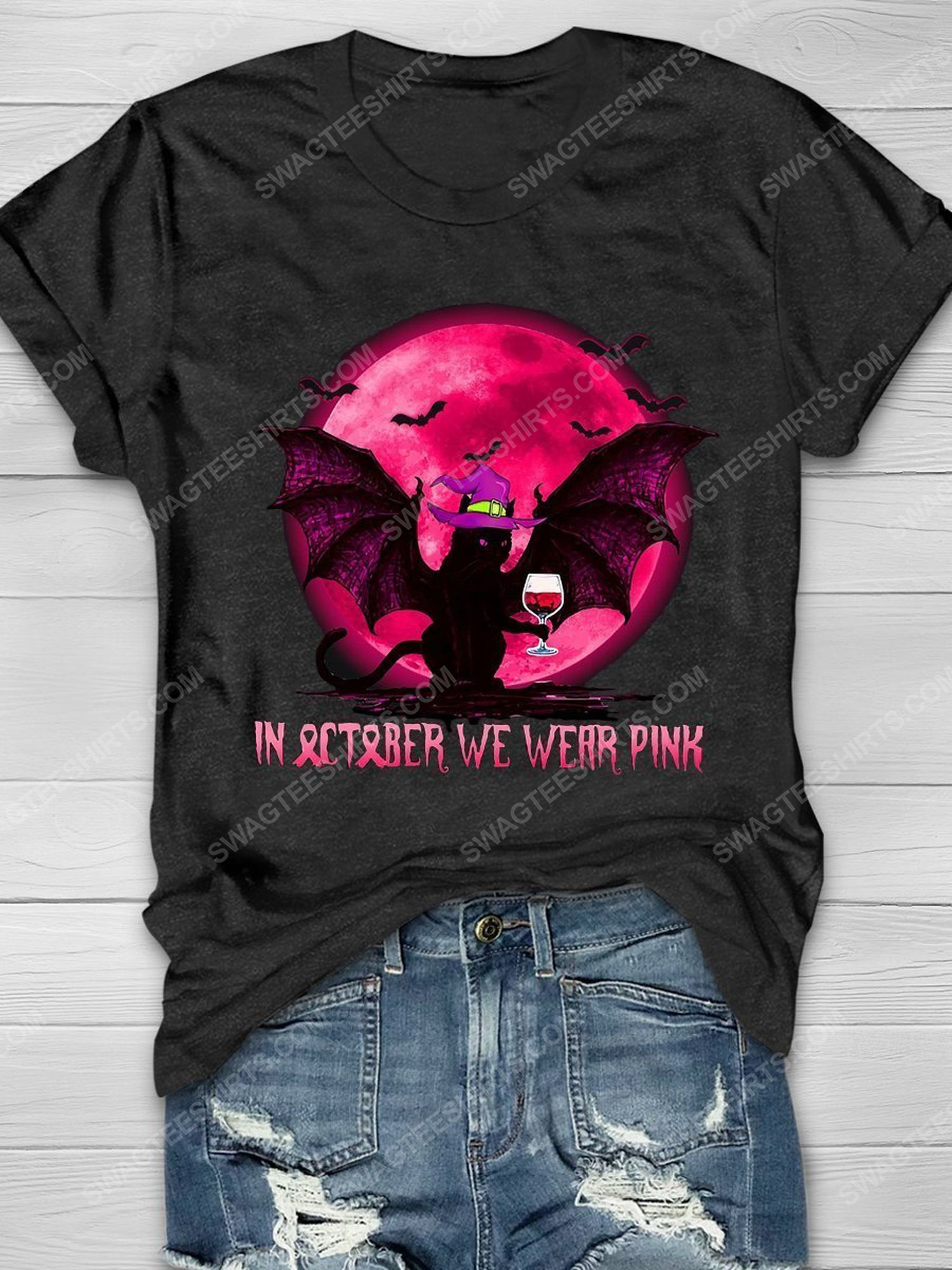 Breast cancer in october we wear pink cat and wine shirt 1 - Copy (3)