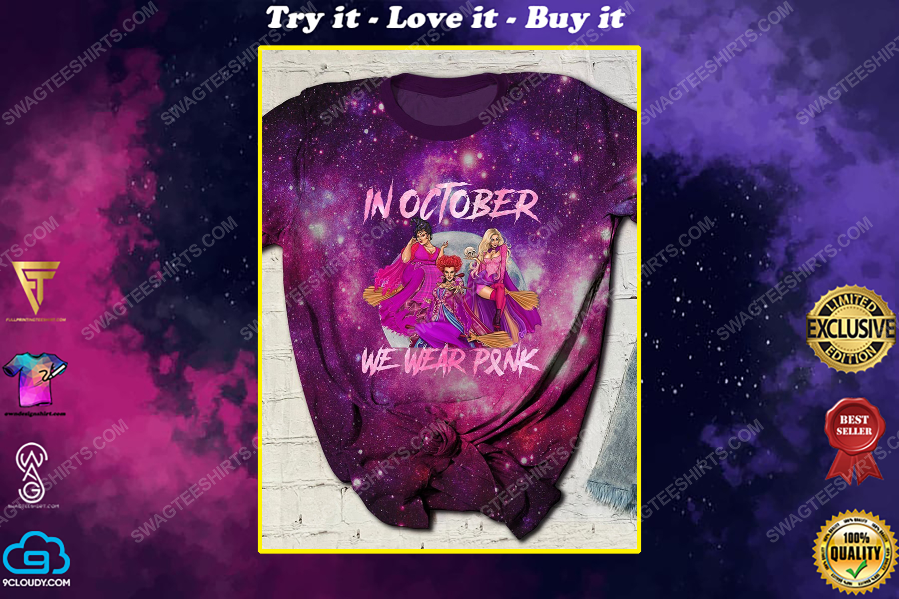 Breast cancer in october we wear pink hocus pocus galaxy full print shirt
