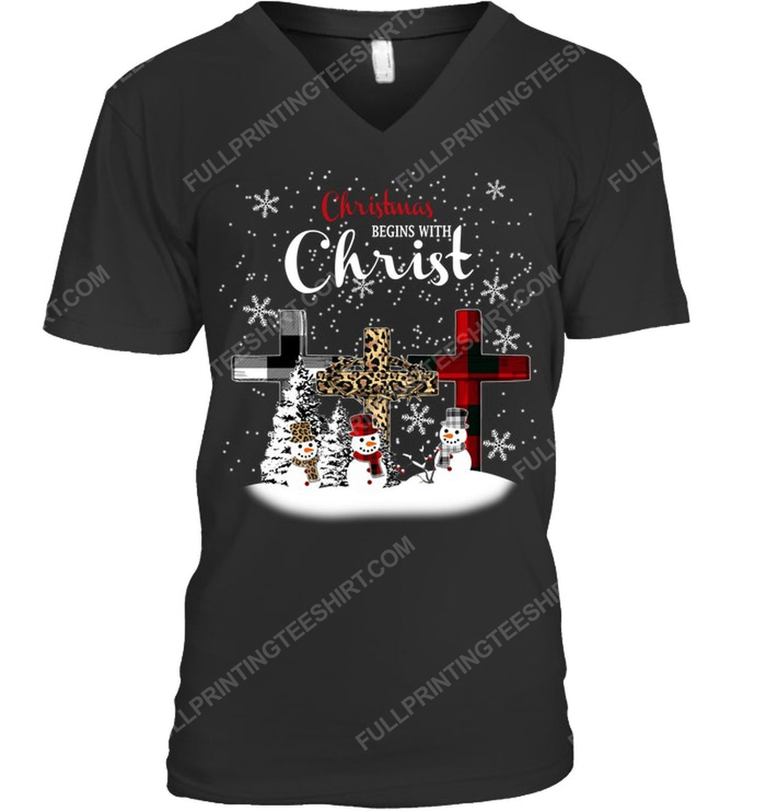 Christmas begins with christ snowman v-neck