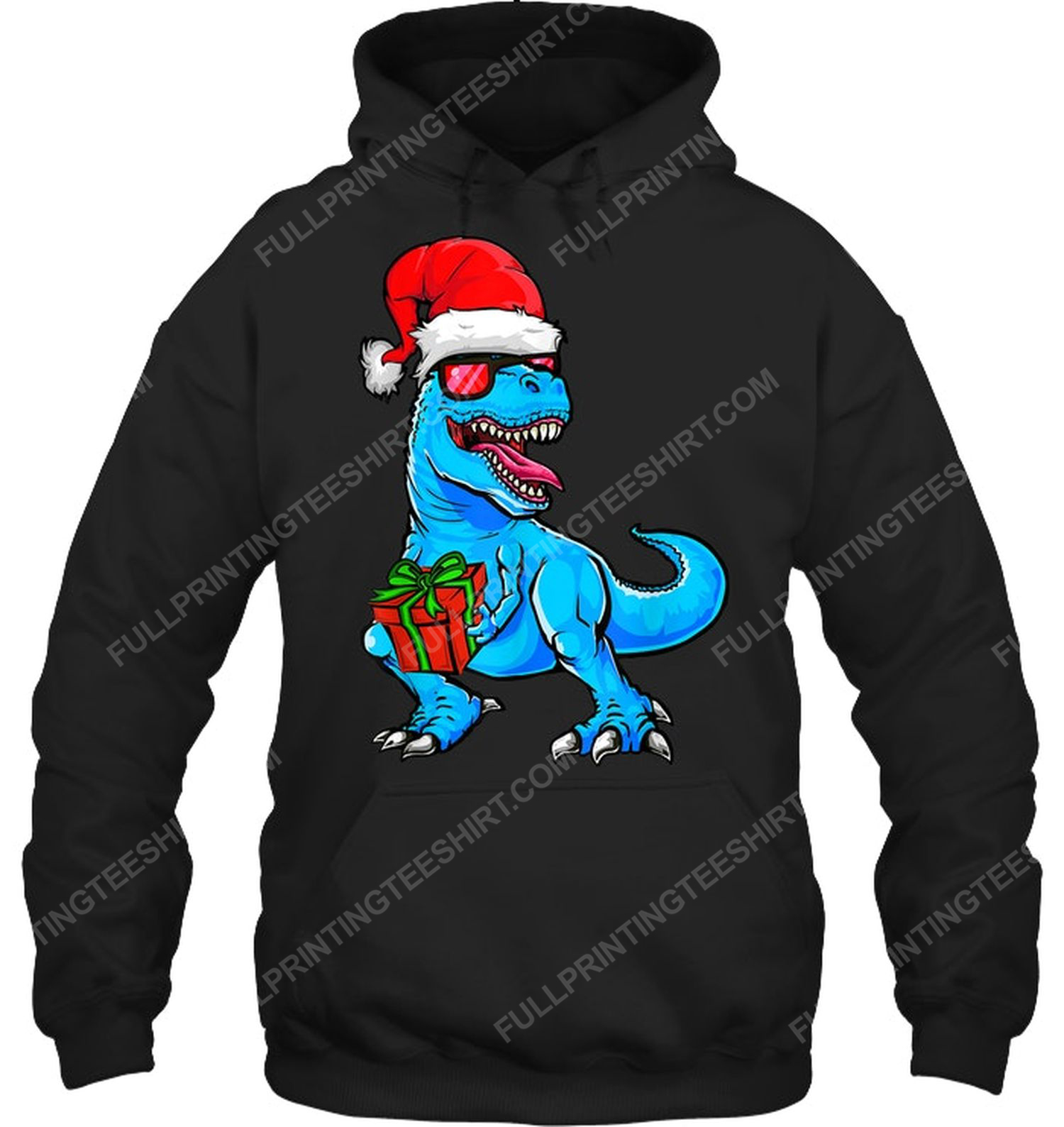 Christmas time dinosaur with santa hat hoodie