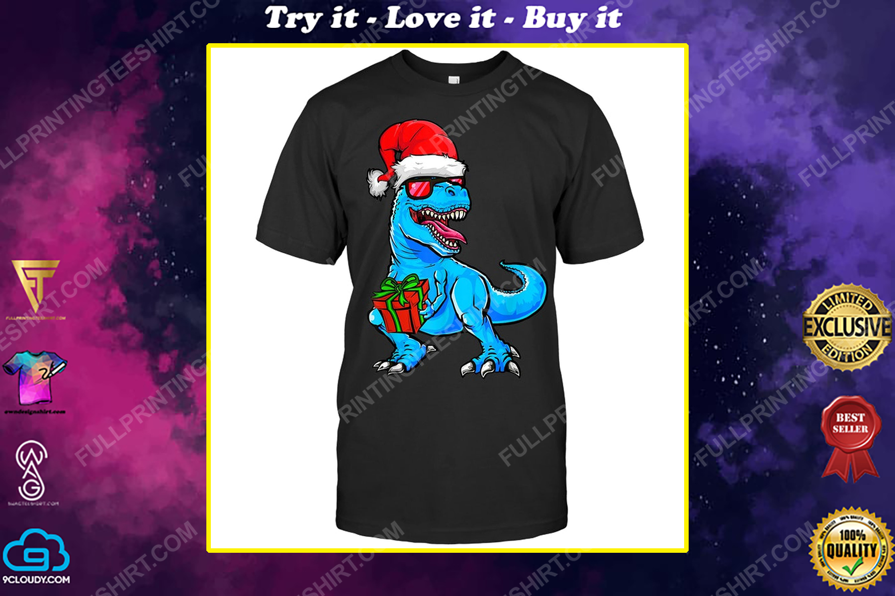 Christmas time dinosaur with santa hat shirt