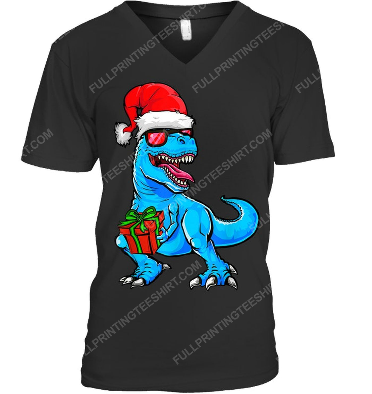 Christmas time dinosaur with santa hat v-neck
