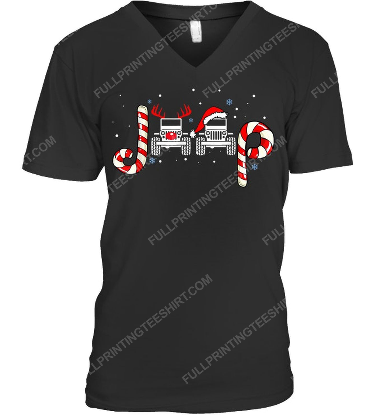 Christmas time jeep car and candy cane v-neck