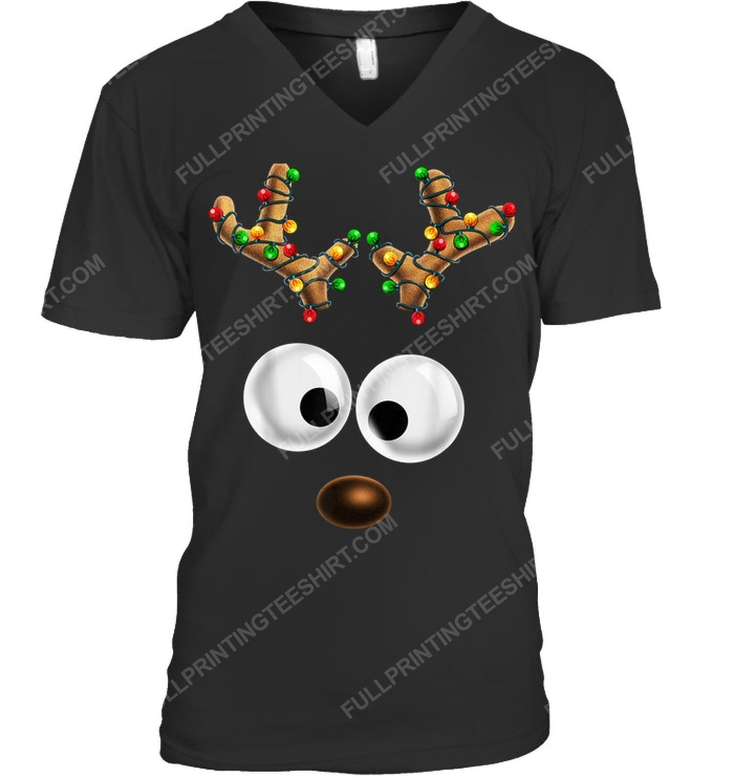 Christmas time reindeer face with christmas light v-neck