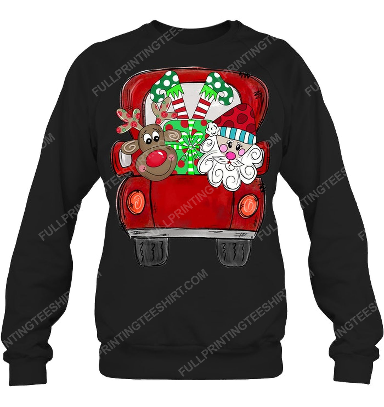 Christmas time santa claus reindeer in red van car sweatshirt
