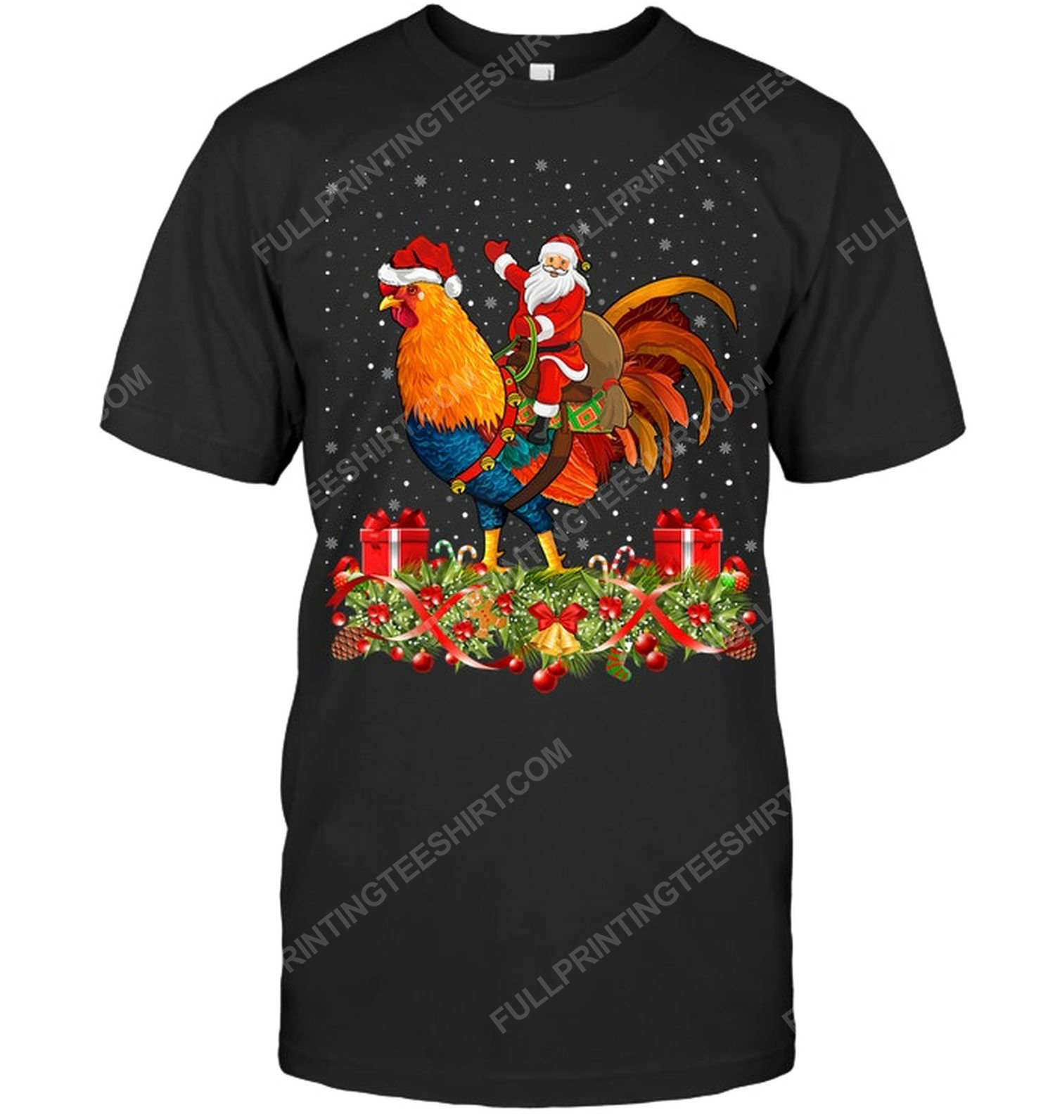 Christmas time santa riding rooster tshirt