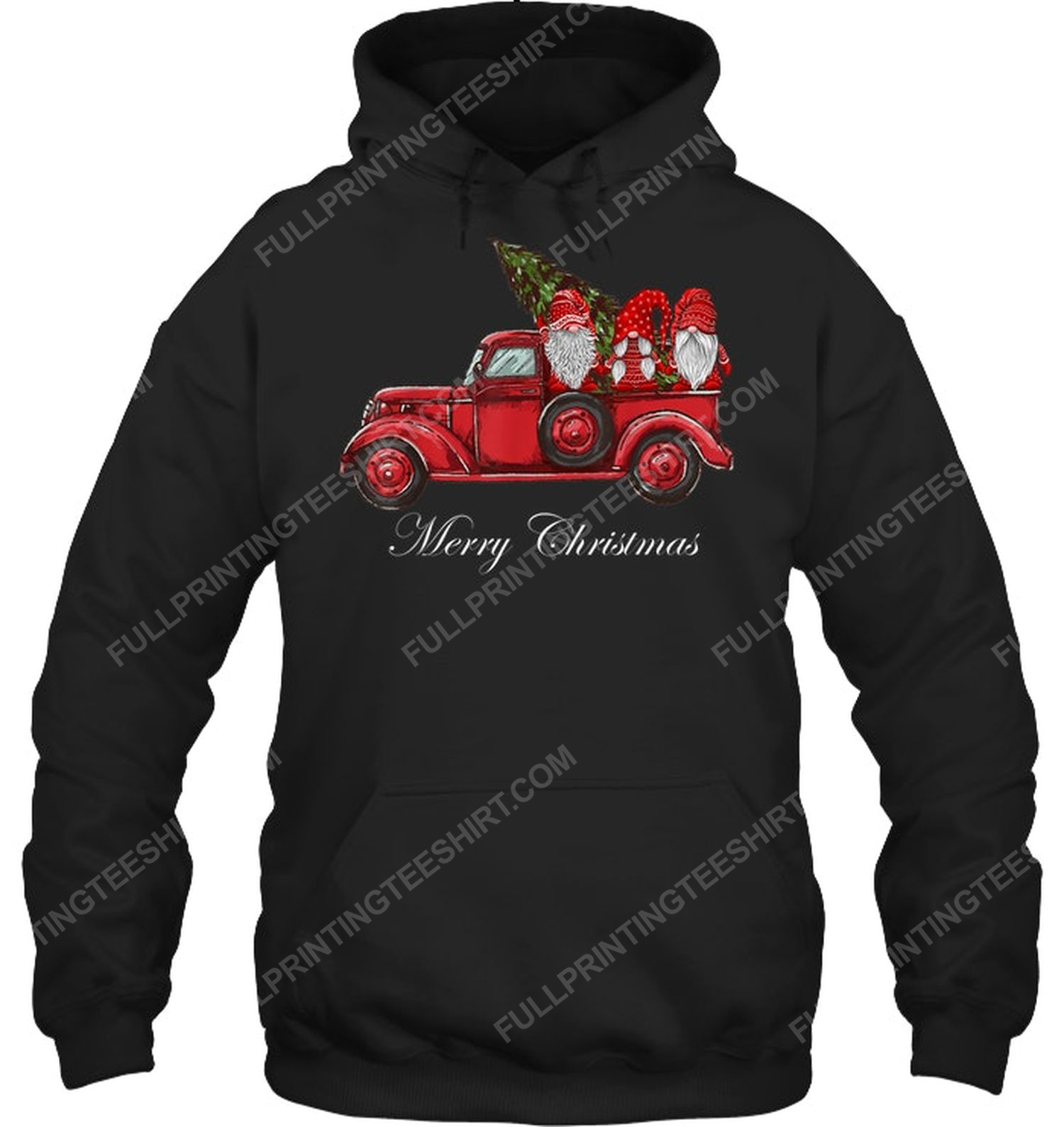 Christmas time three gnomes in red truck hoodie