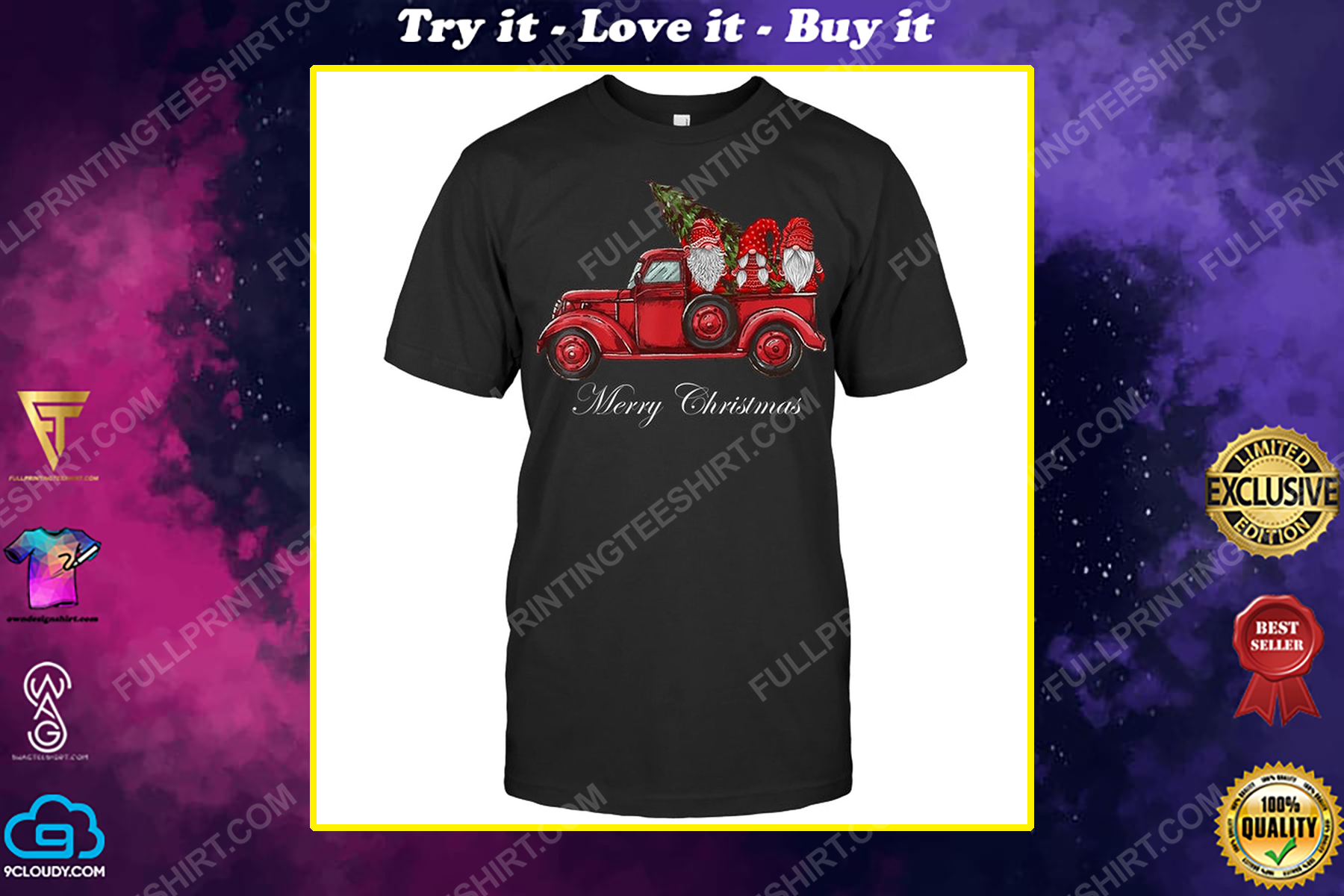 Christmas time three gnomes in red truck shirt