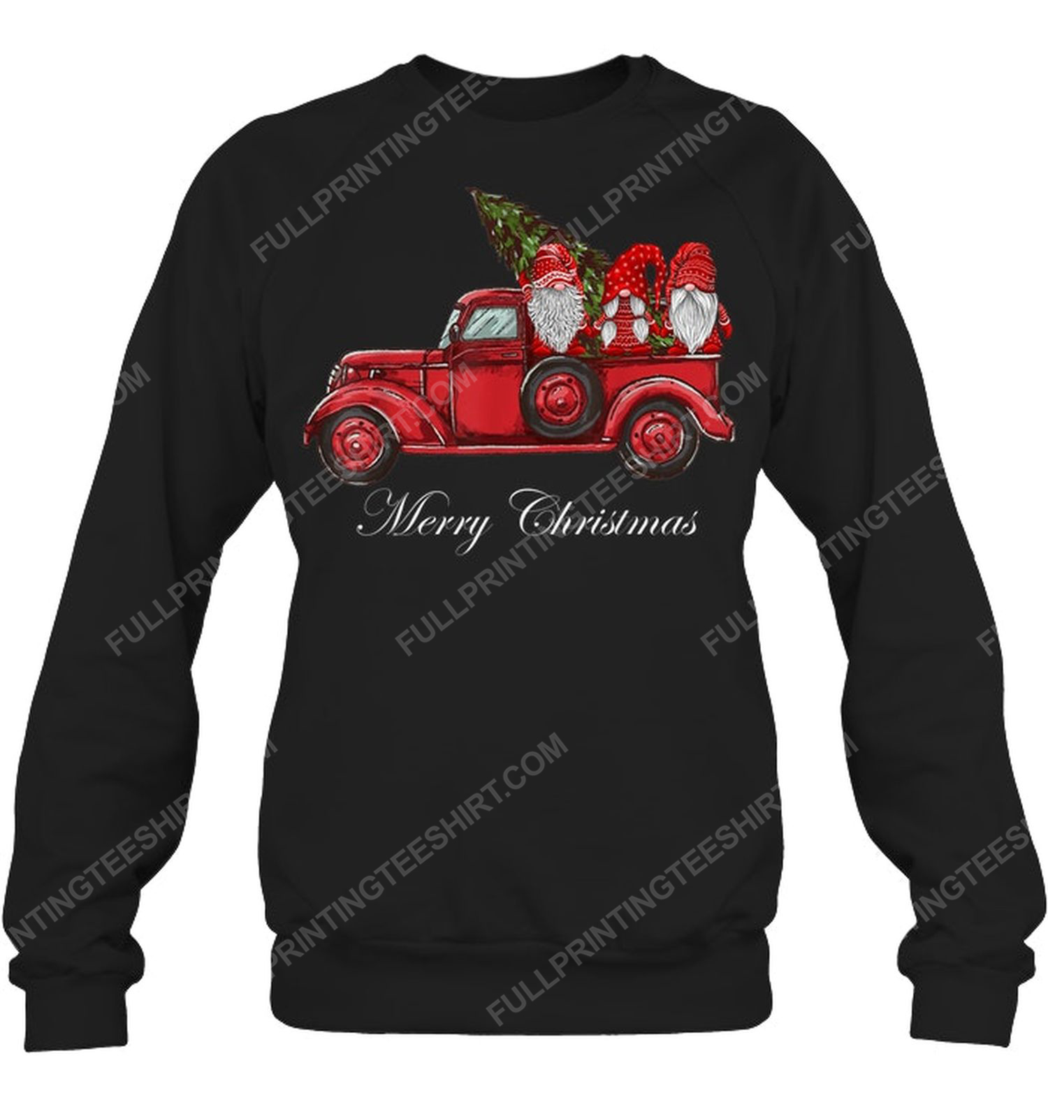 Christmas time three gnomes in red truck sweatshirt