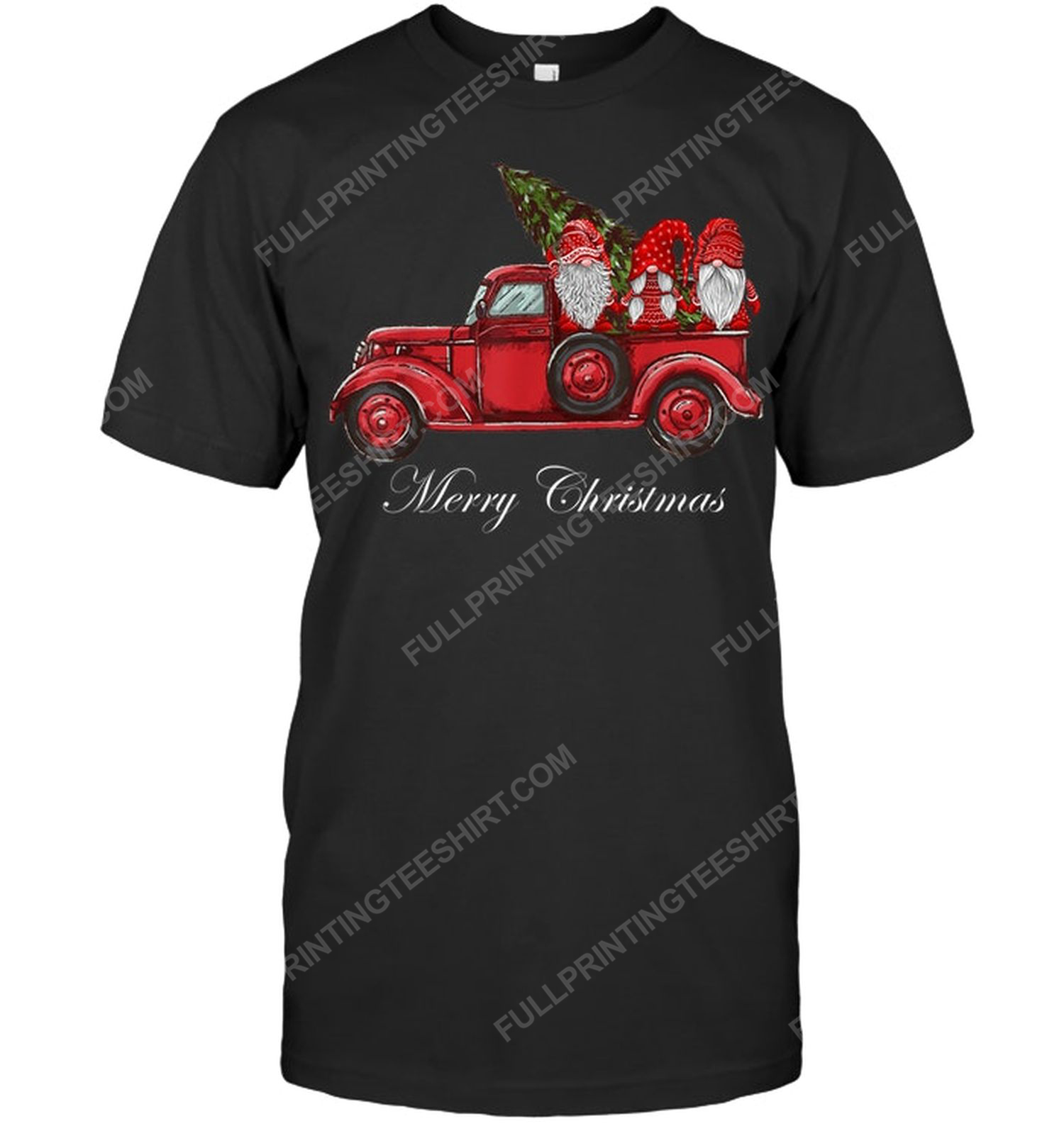 Christmas time three gnomes in red truck tshirt