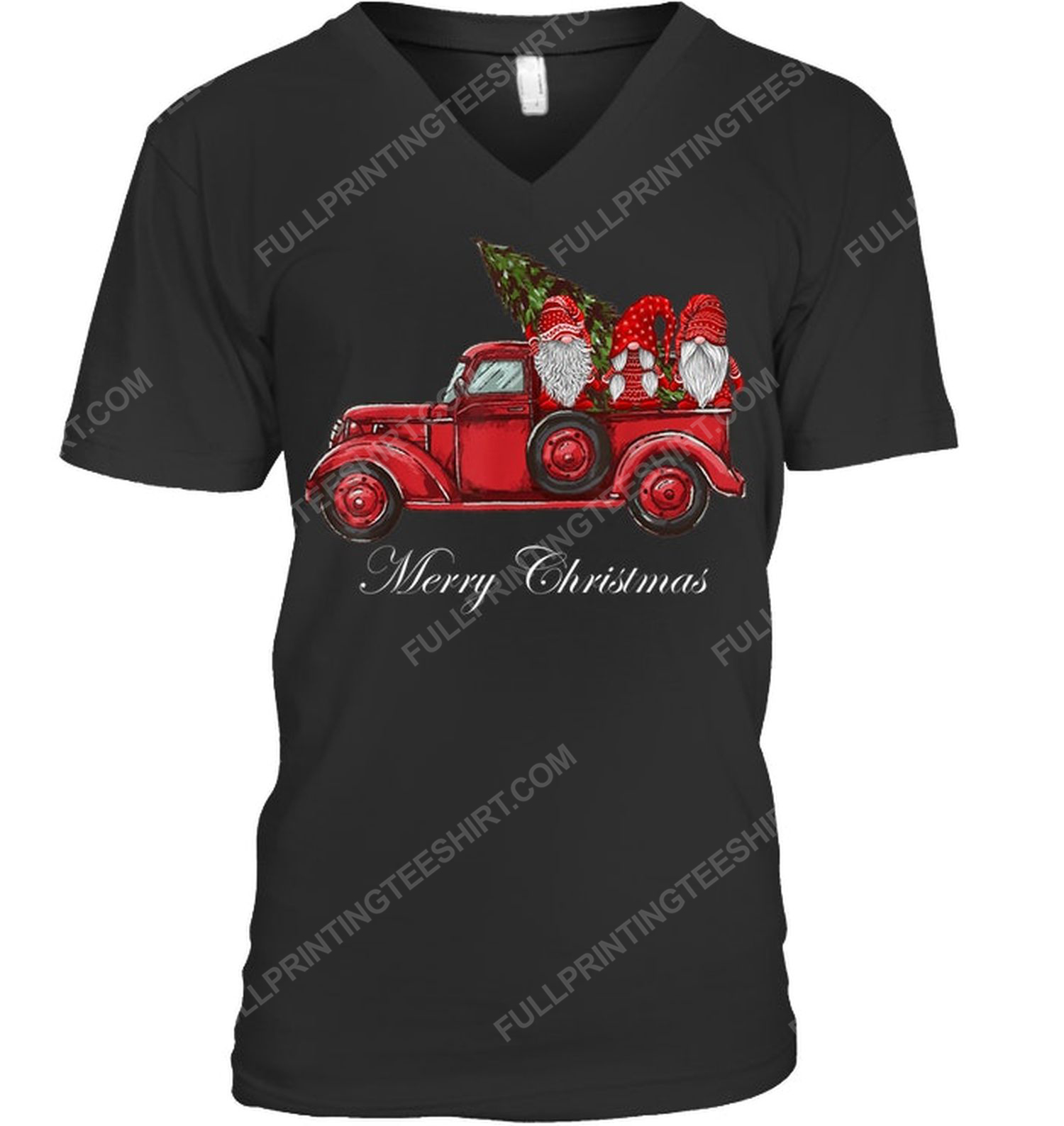 Christmas time three gnomes in red truck v-neck