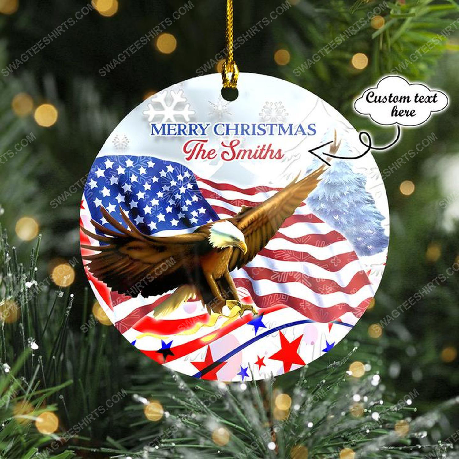 Custom merry christmas eagle and flag christmas time ornament