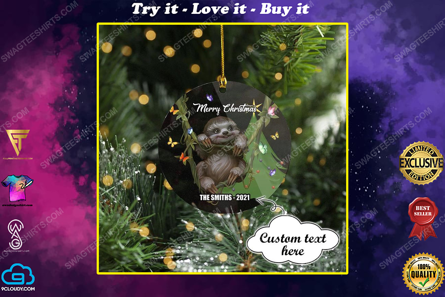 Custom merry christmas sloth christmas time ornament