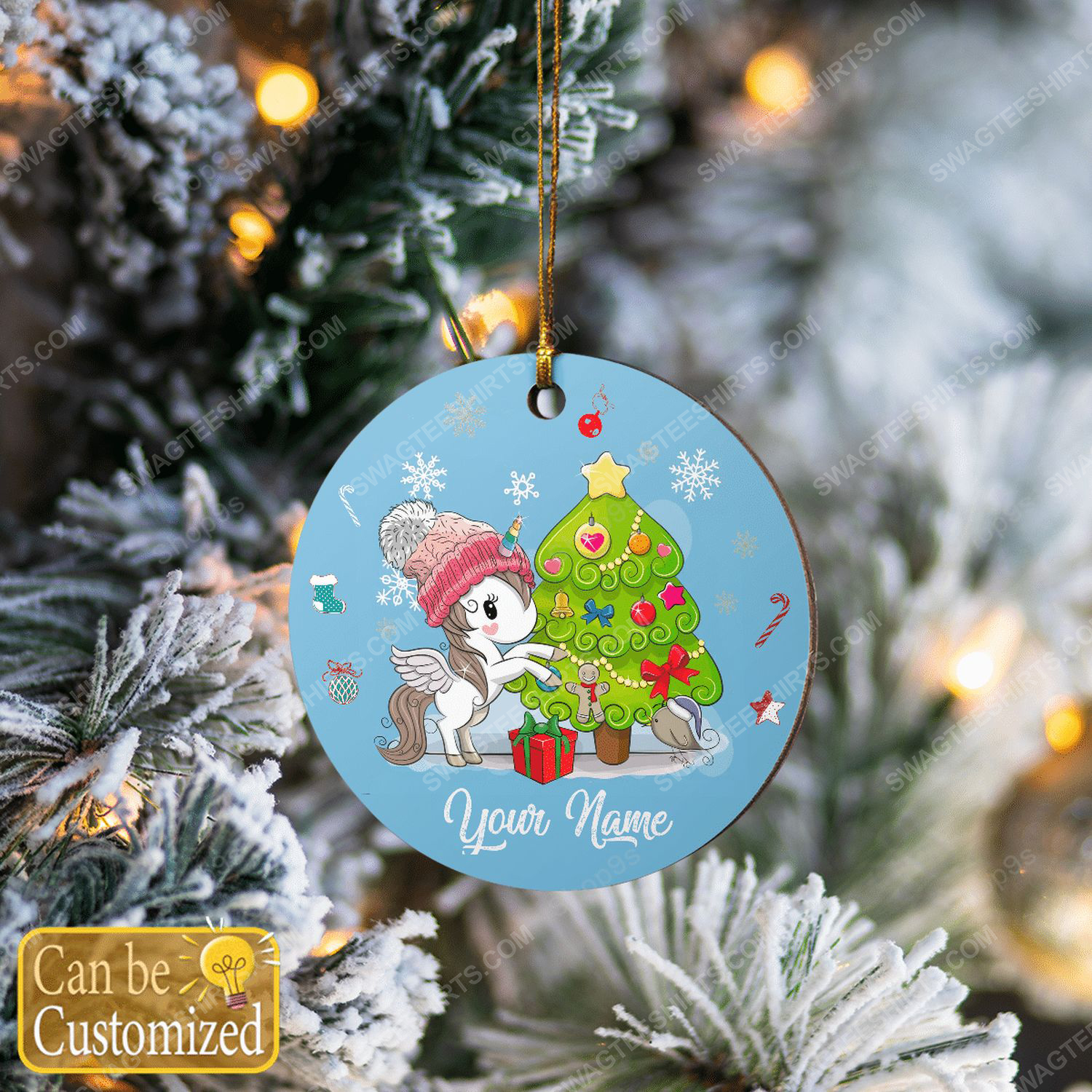Custom unicorn and christmas tree christmas gift ornament