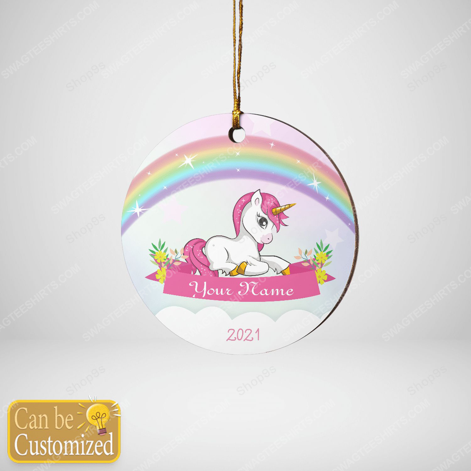 Custom unicorn and rainbow christmas gift ornament