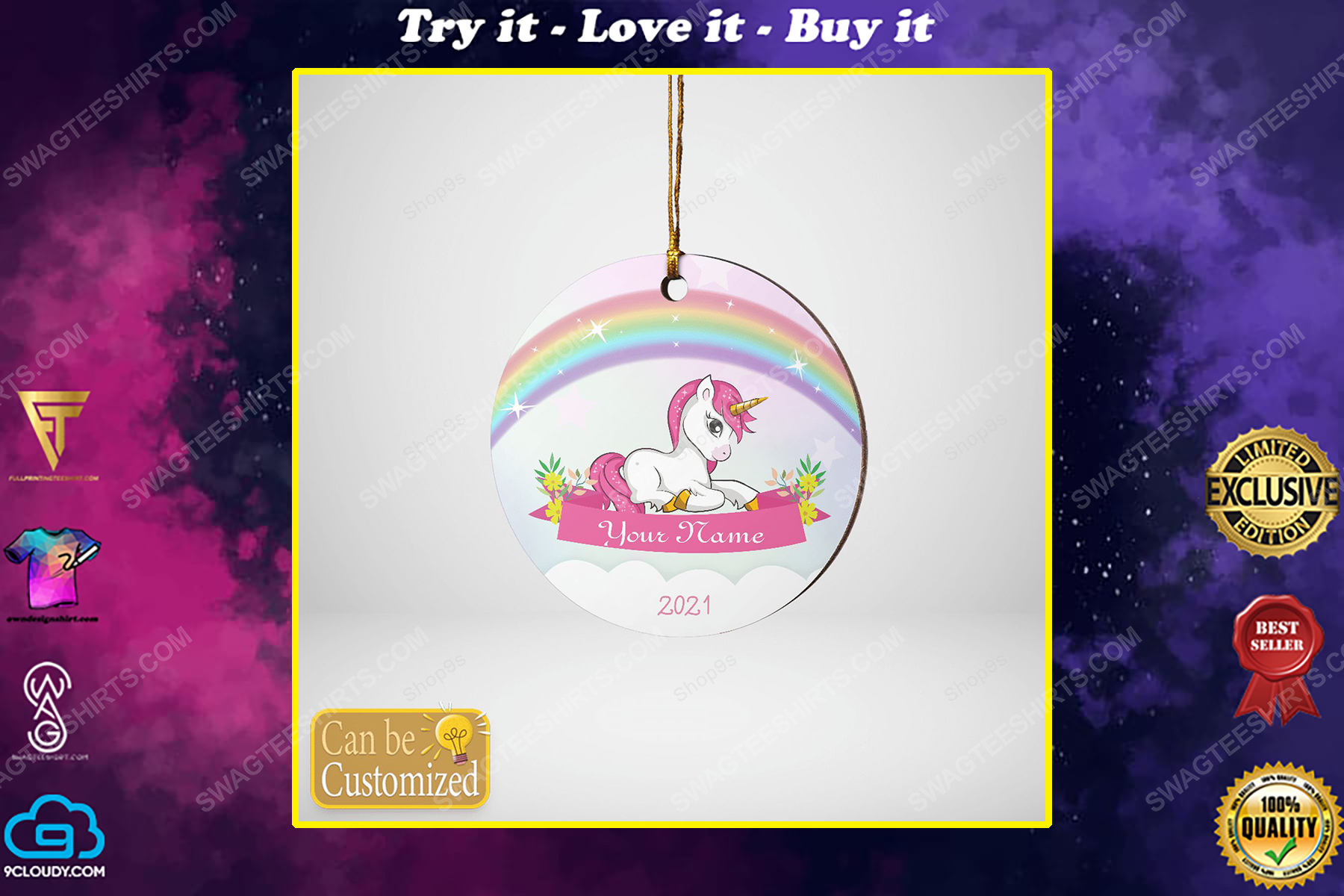 Custom unicorn and rainbow christmas gift ornament