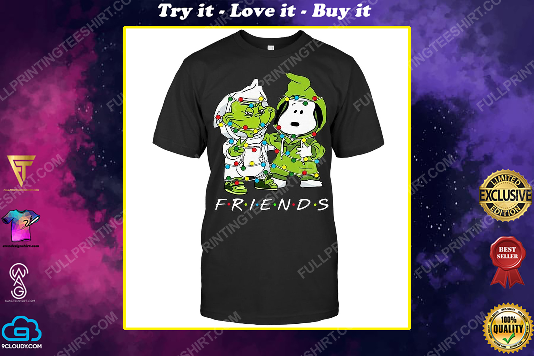 Friends christmas lights grinch and snoopy shirt