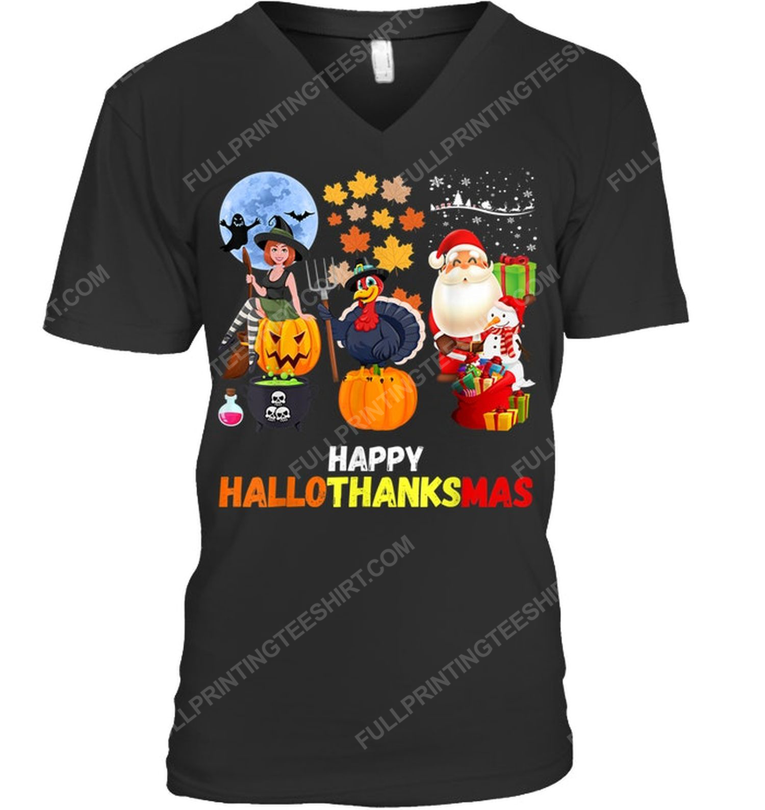 Halloween thanksgiving christmas happy hallothanksmas v-neck