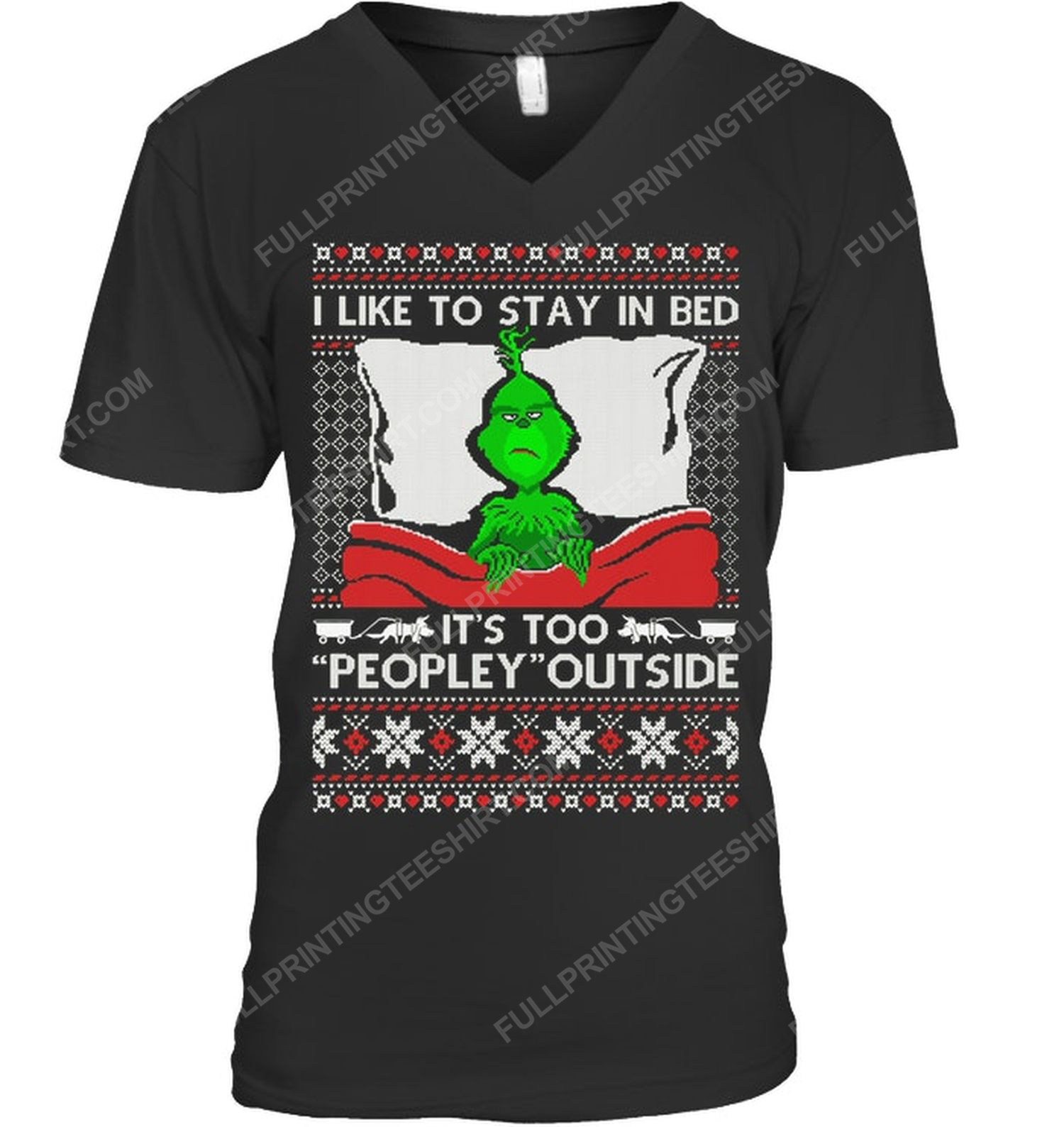 I like to stay in bed it's peopley outside grinch v-neck