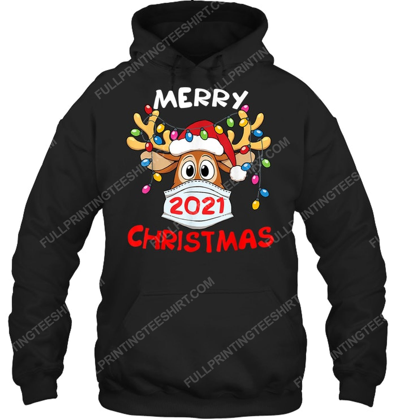 Merry christmas 2021 reindeer in mask hoodie