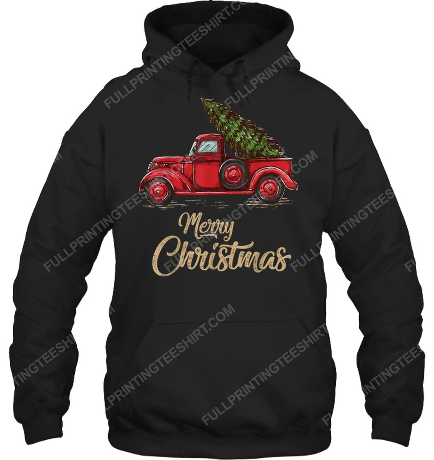 Vintage red truck with merry christmas tree hoodie