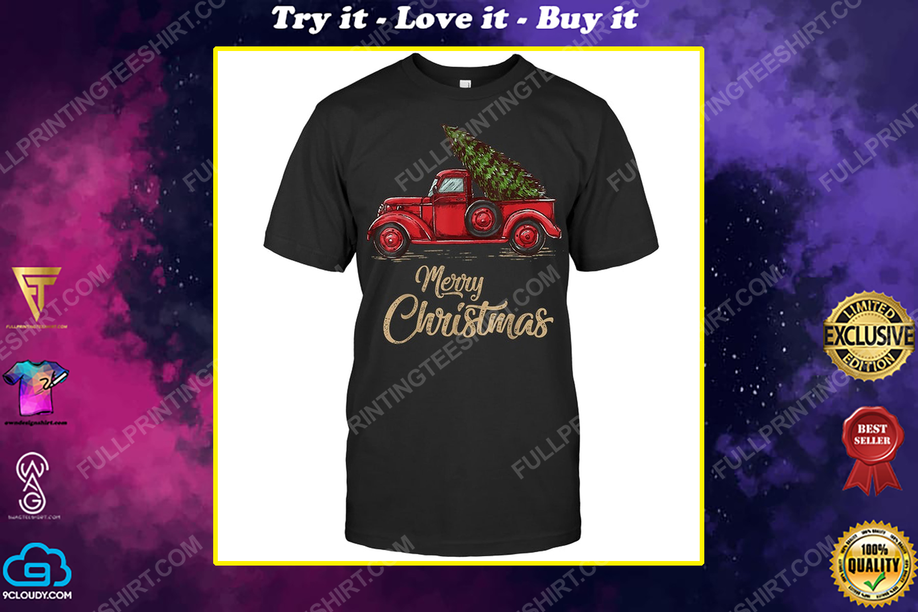 Vintage red truck with merry christmas tree shirt