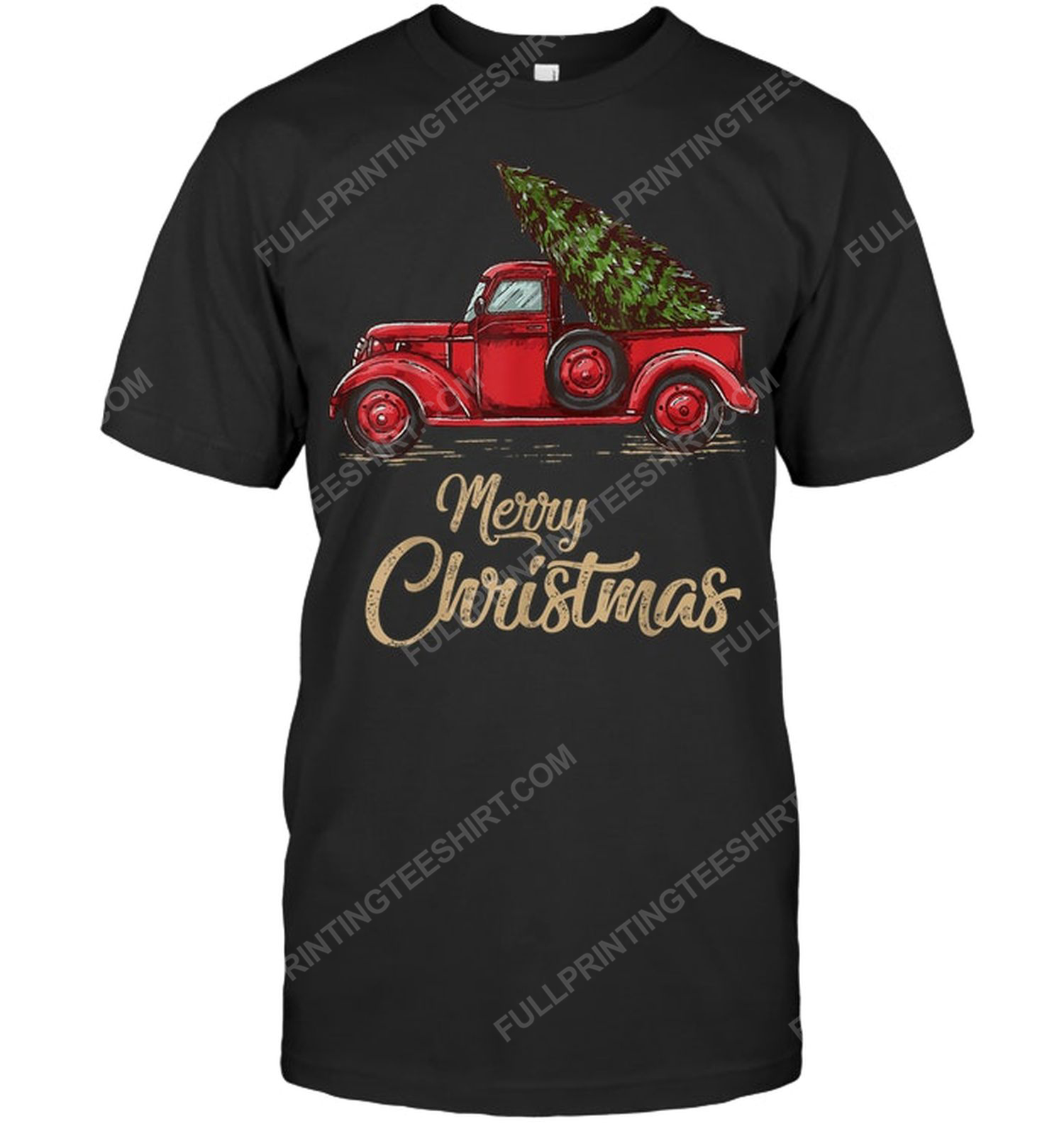 Vintage red truck with merry christmas tree tshirt