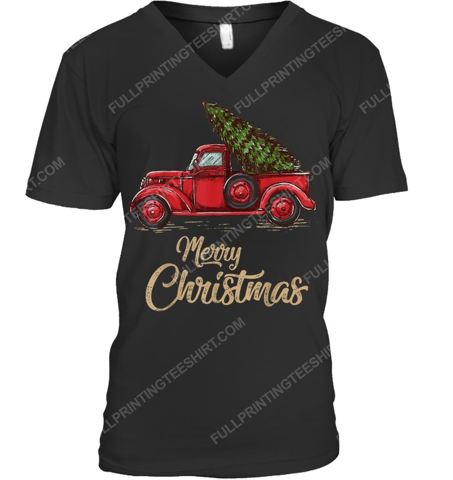 Vintage red truck with merry christmas tree v-neck
