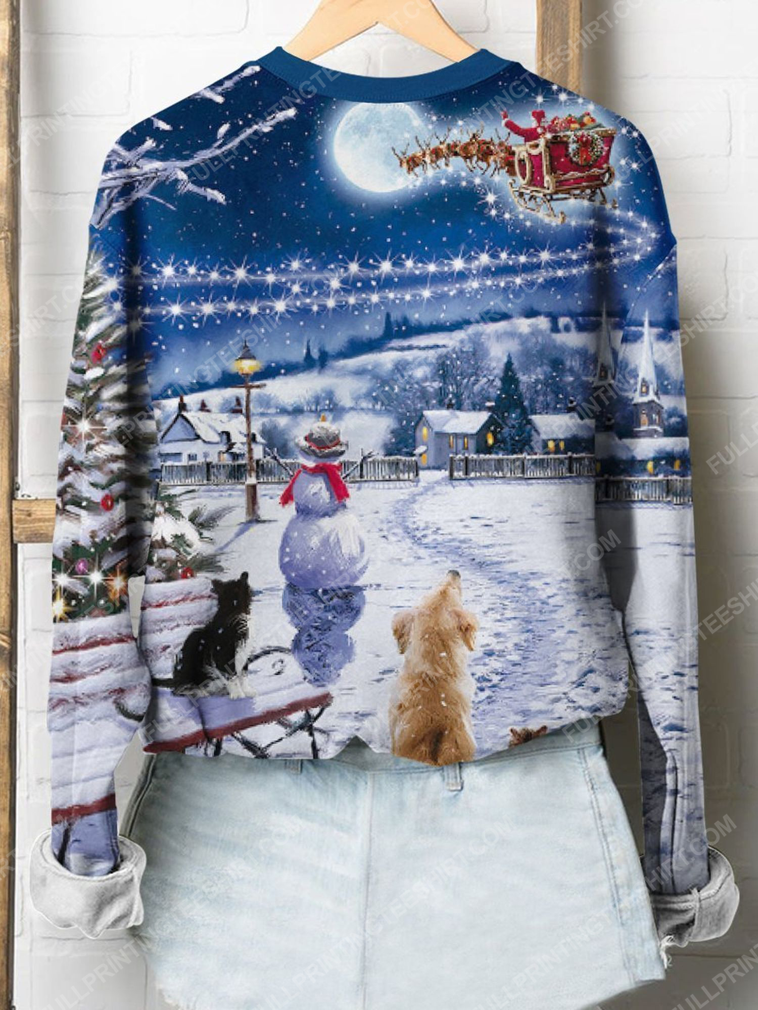 Cats and dogs watching santa christmas full print shirt