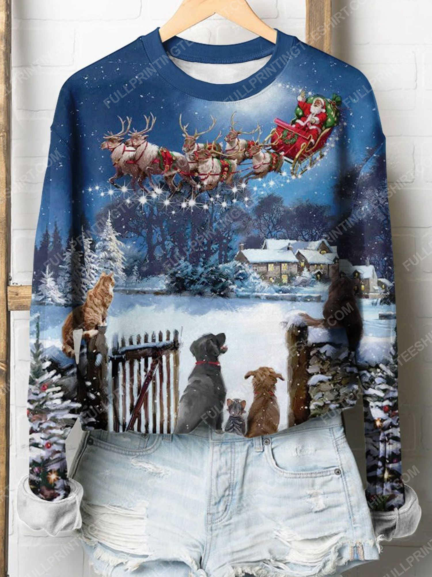 Cats and dogs watching santa claus full print shirt